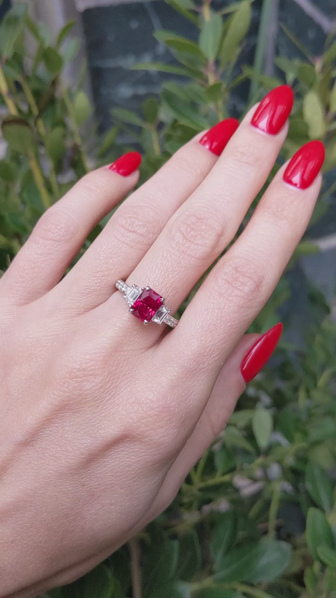 2.19 Ct. Ruby and Natural Diamond Three Stone Ring, 18K White Gold Size Video
