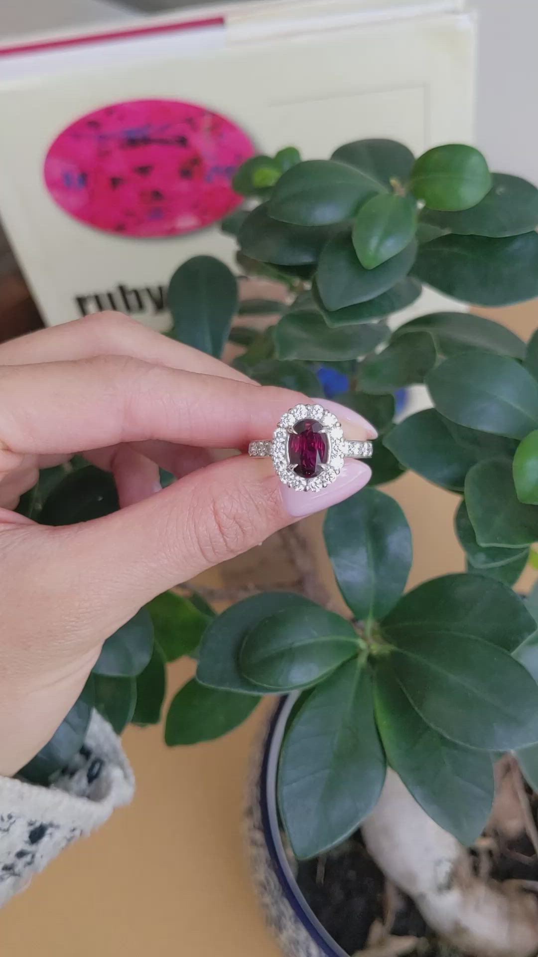 2.39 Ct. Ruby and Natural Diamond Pave Ring, 18K White Gold Size Video