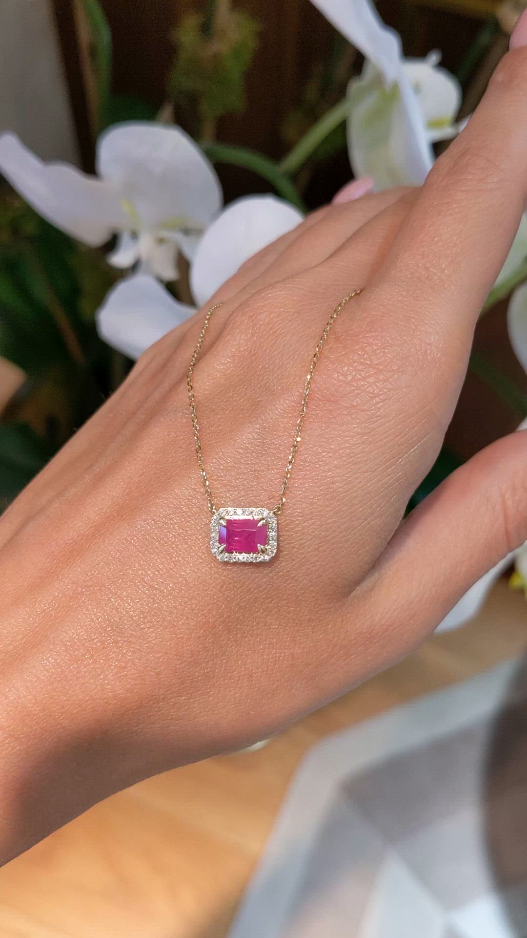 1.01 Ct. Pinkish Red Ruby and Natural Diamond Halo Necklace, 14K Yellow Gold Size Video