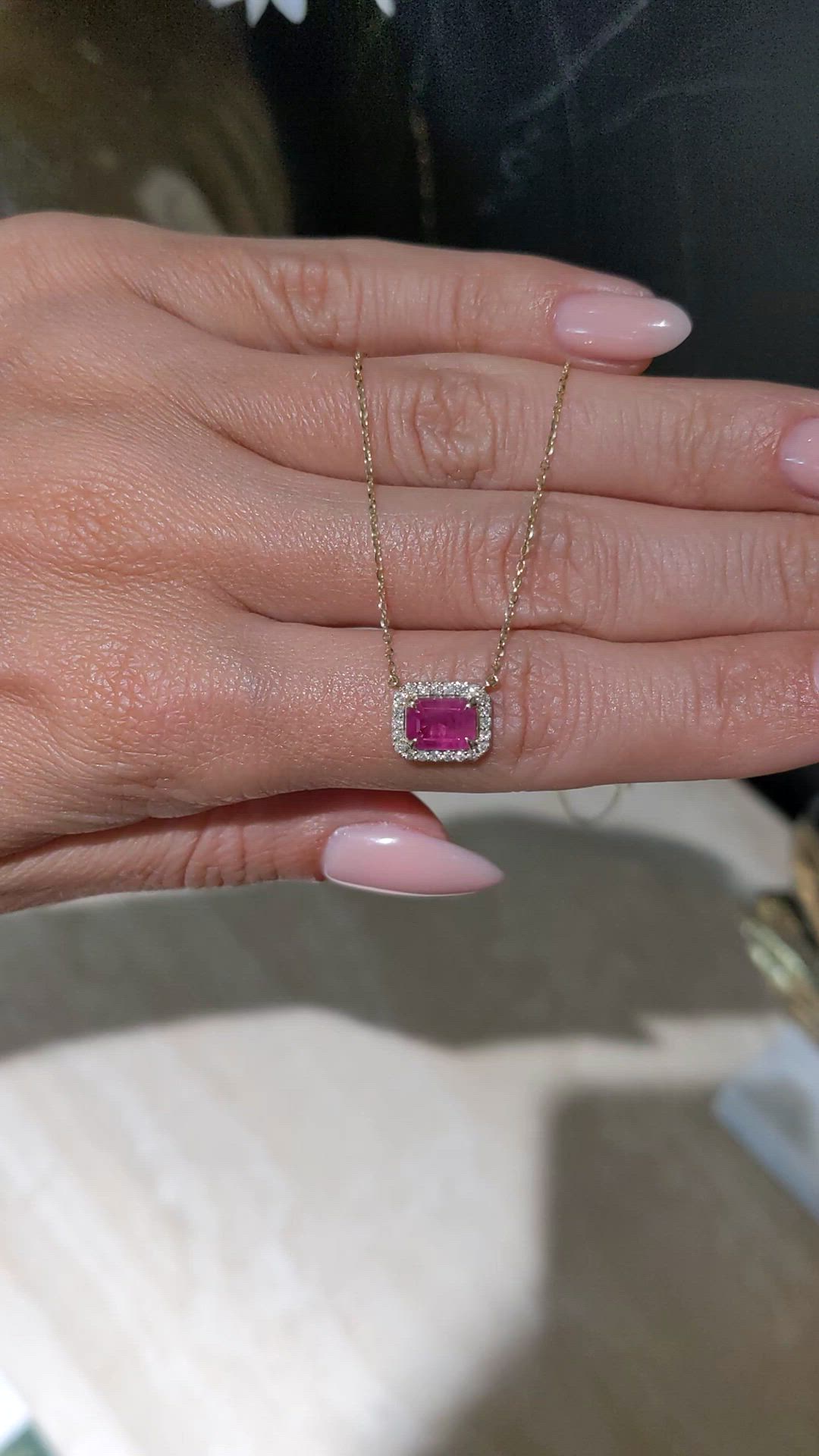 1.07 Ct. Pinkish Red Ruby and Natural Diamond Halo Necklace, 14K Yellow Gold Size Video