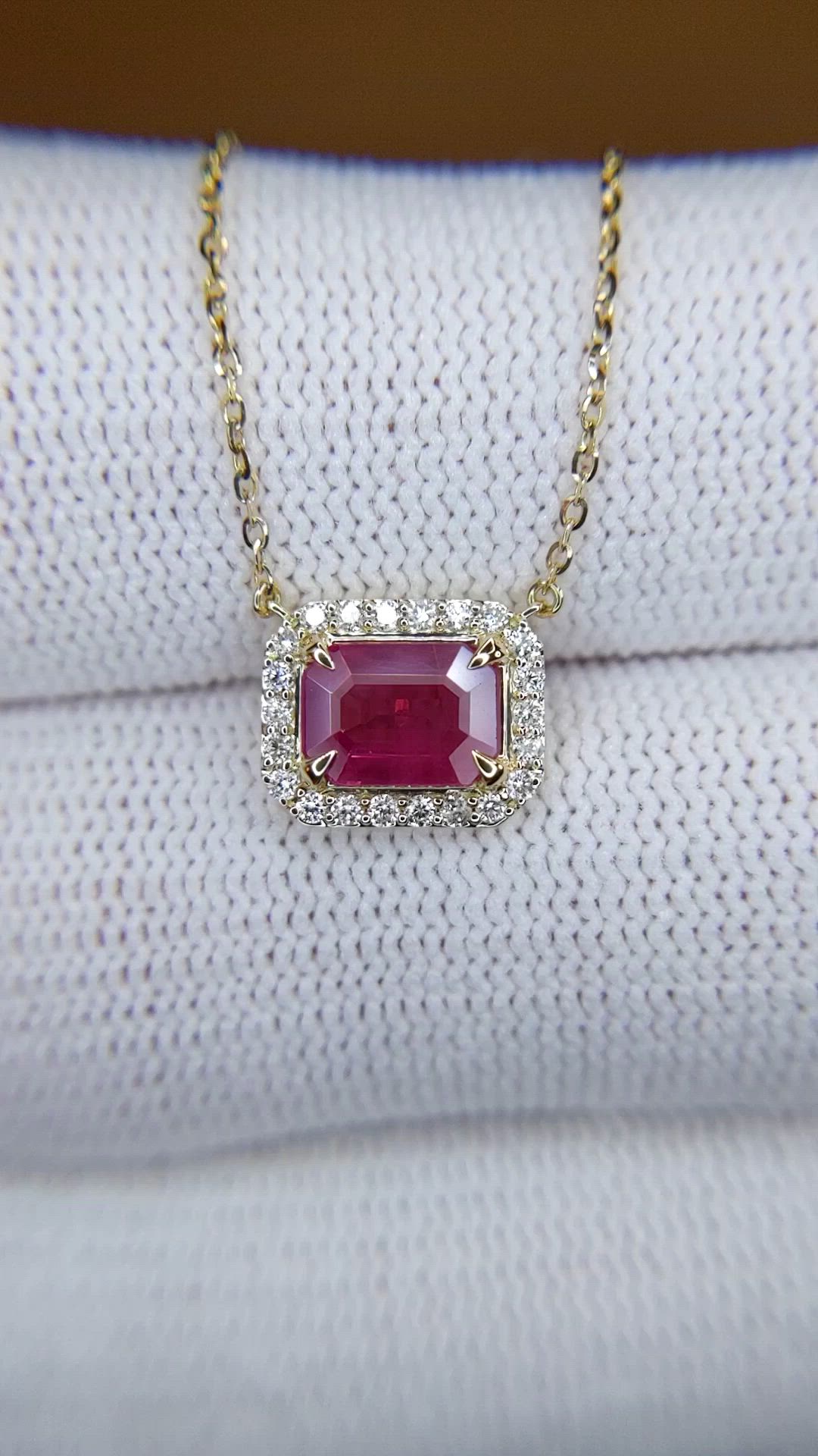 1.07 Ct. Pinkish Red Ruby and Natural Diamond Halo Necklace, 14K Yellow Gold Size Video