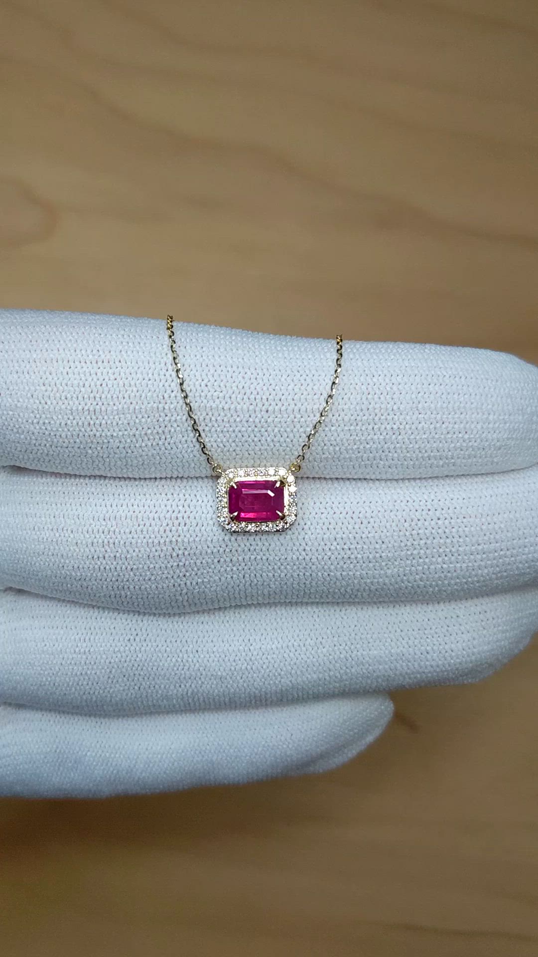 1.07 Ct. Pinkish Red Ruby and Natural Diamond Halo Necklace, 14K Yellow Gold Size Video