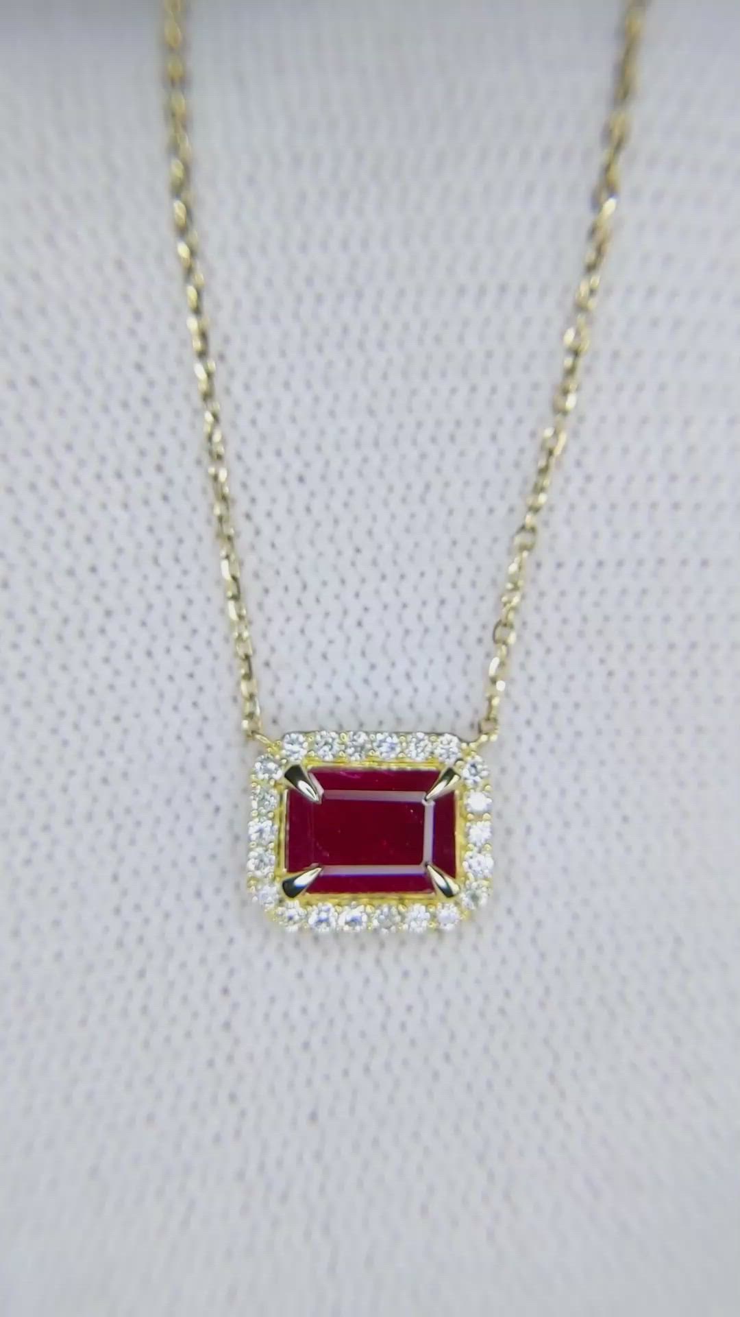 1.07 Ct. Ruby and Natural Diamond Halo Necklace, 14K Yellow Gold Size Video