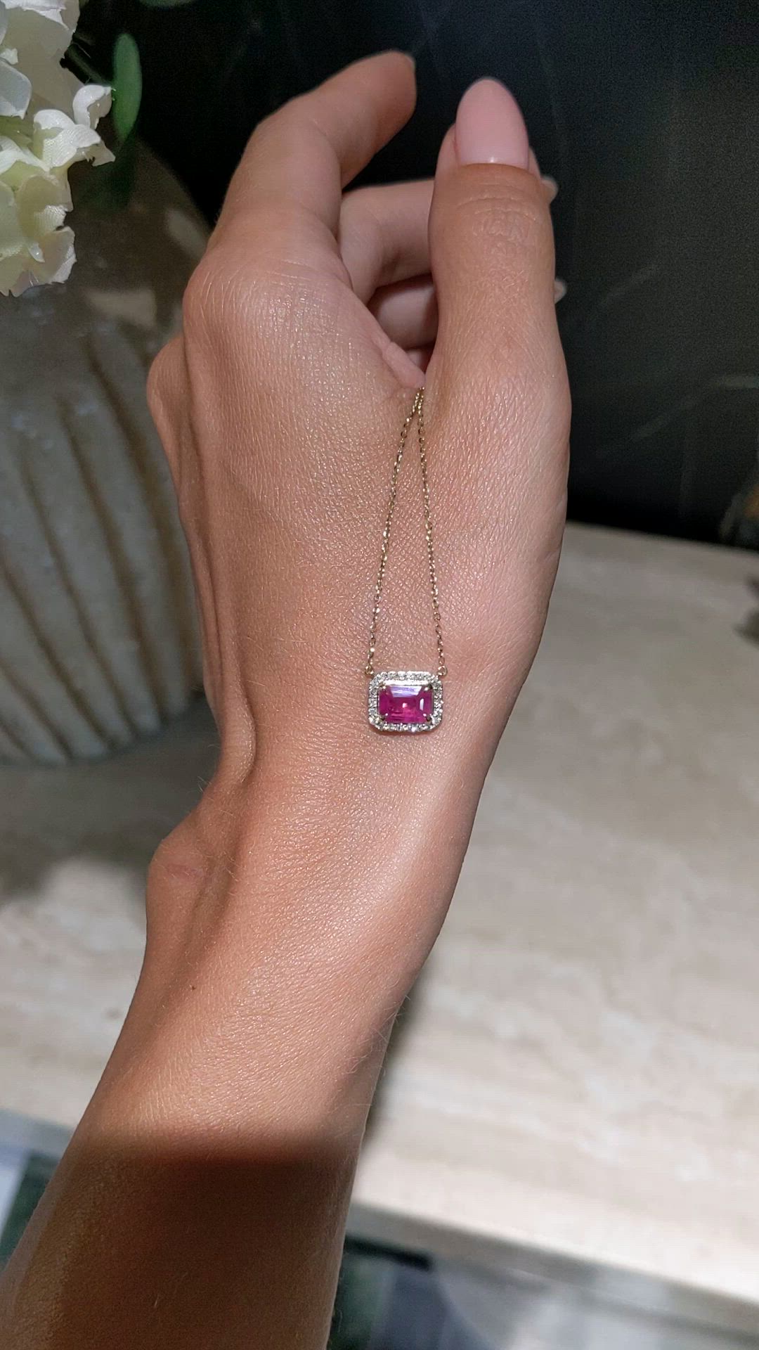 1.07 Ct. Pinkish Red Ruby and Natural Diamond Halo Necklace, 14K Yellow Gold Size Video