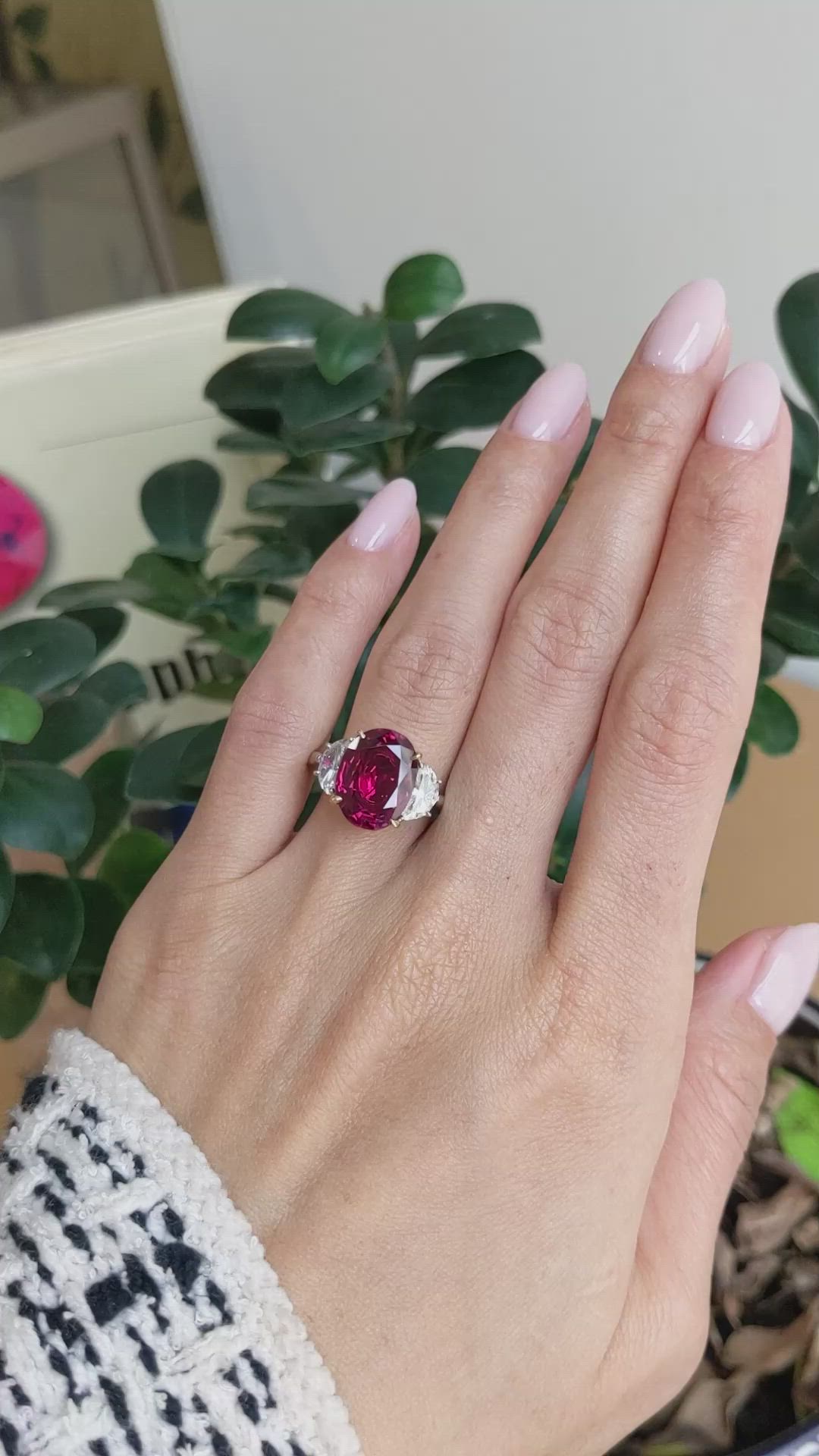 6.35 Ct. Ruby and Natural Diamond Three Stone Ring, Platinum & 18K Yellow Size Video