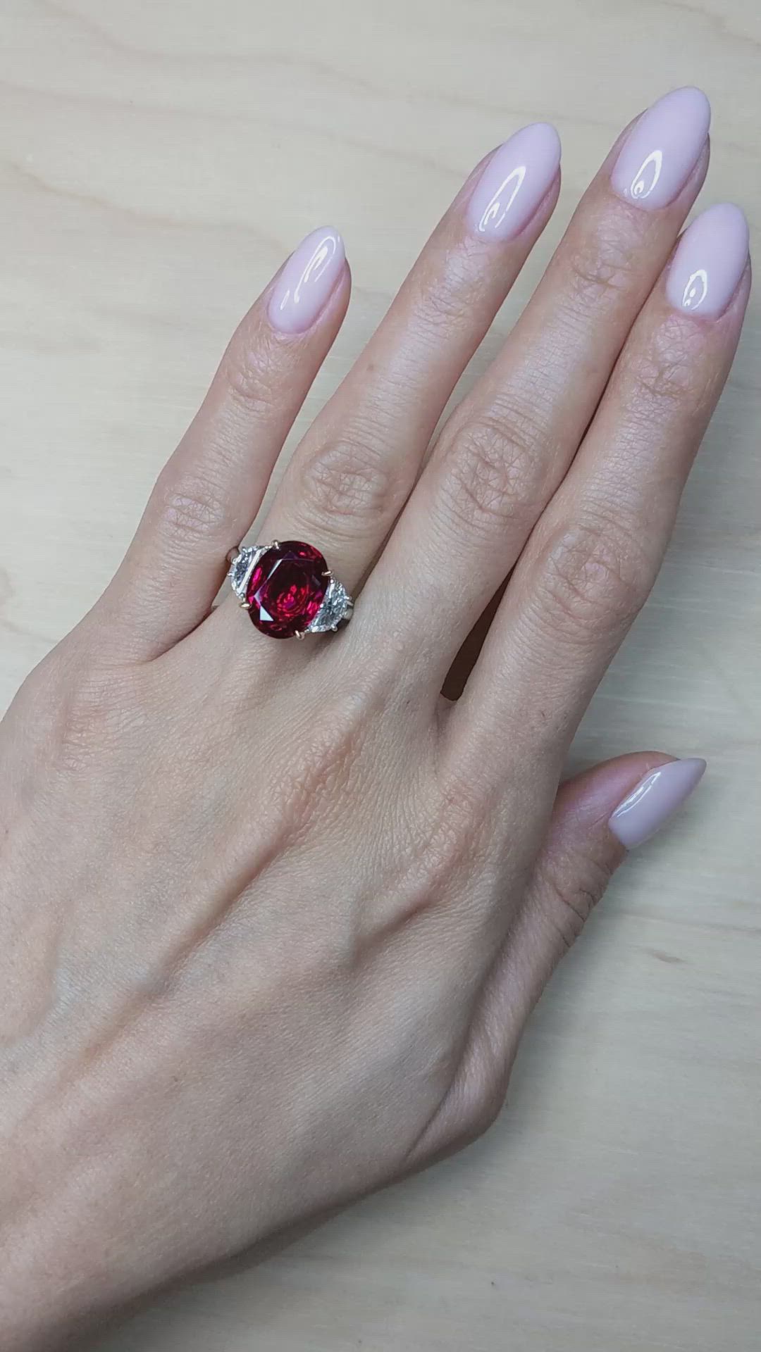6.35 Ct. Ruby and Natural Diamond Three Stone Ring, Platinum & 18K Yellow Size Video