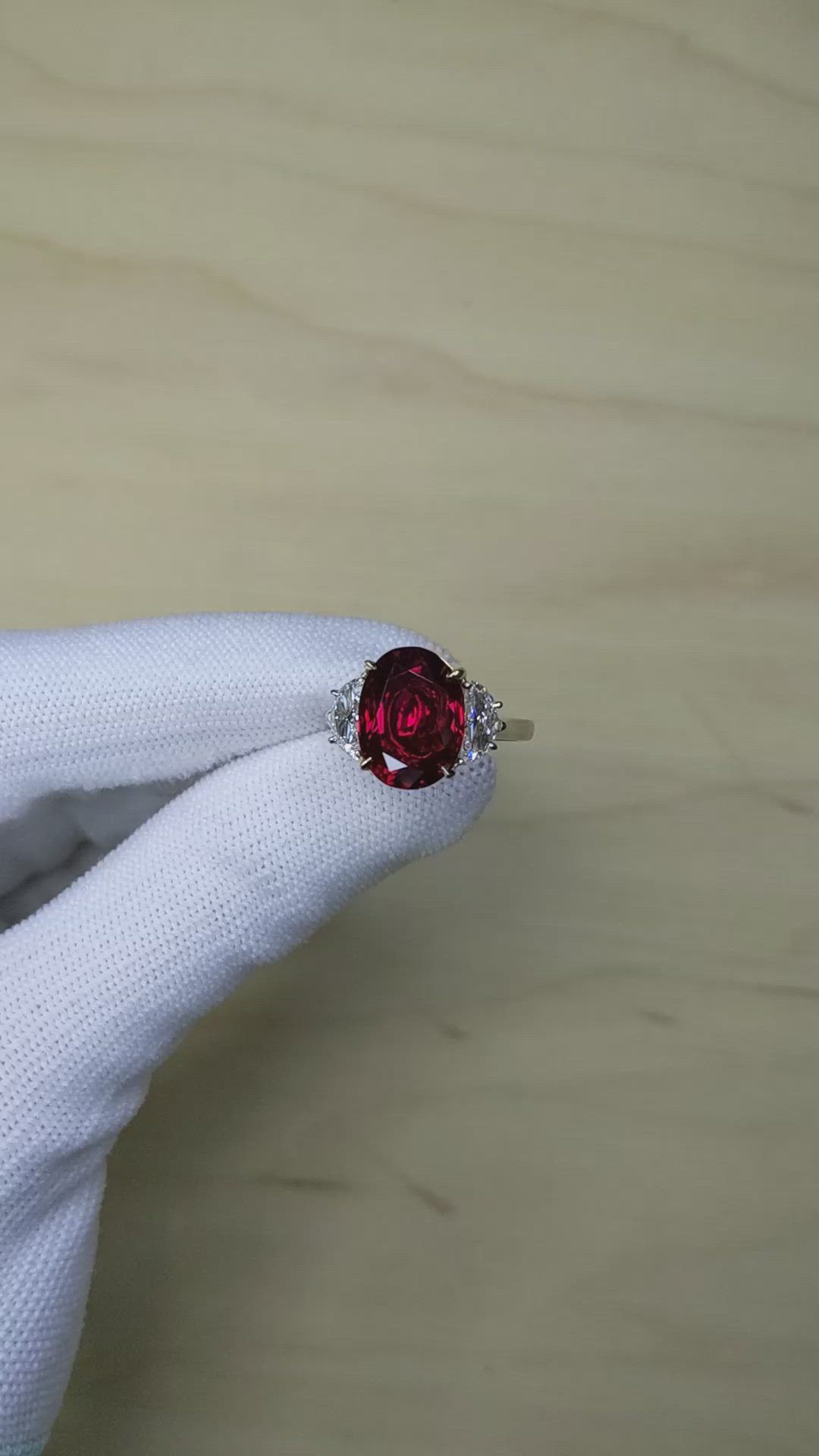 6.35 Ct. Ruby and Natural Diamond Three Stone Ring, Platinum & 18K Yellow Size Video