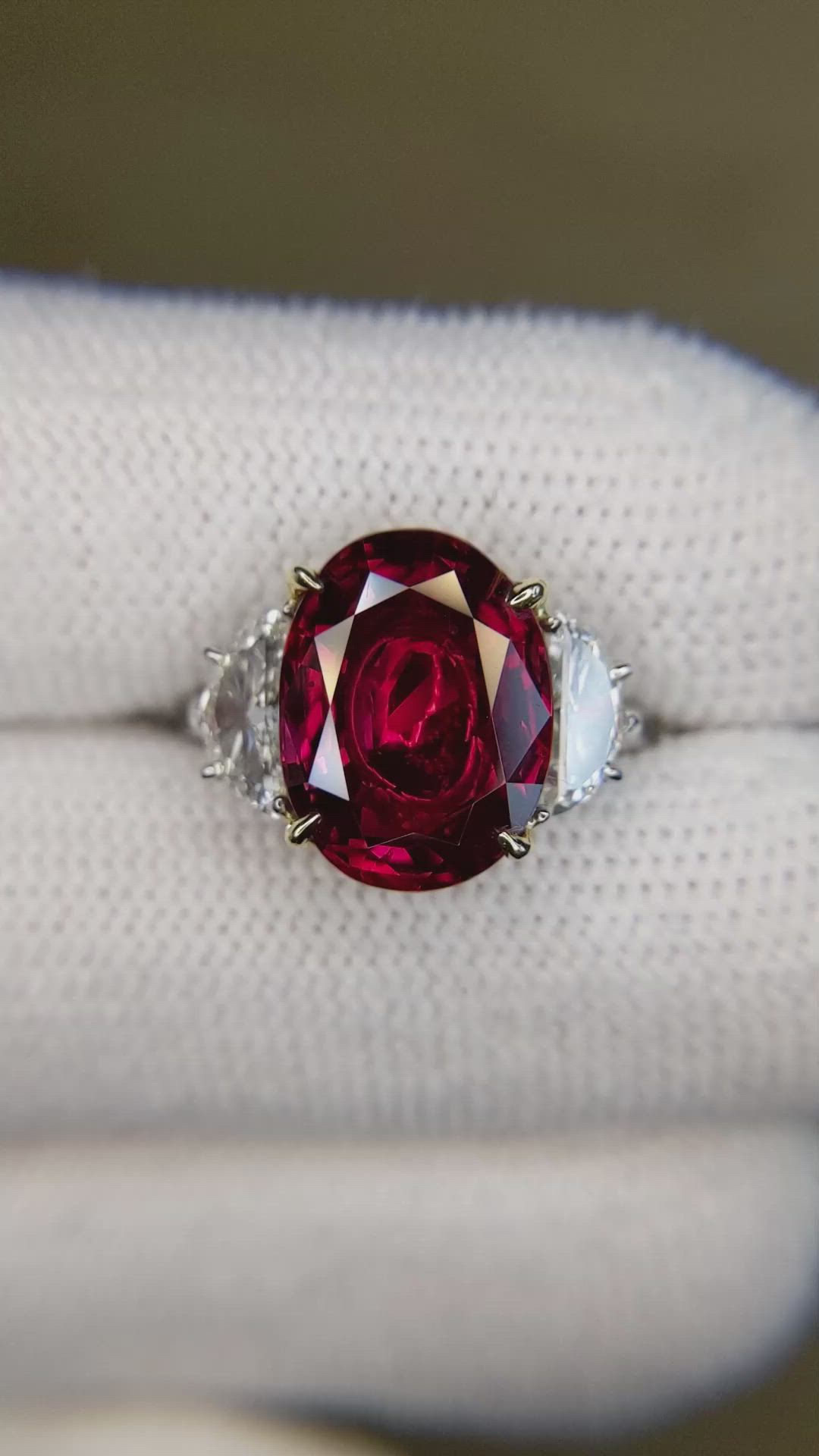 6.35 Ct. Ruby and Natural Diamond Three Stone Ring, Platinum & 18K Yellow Size Video