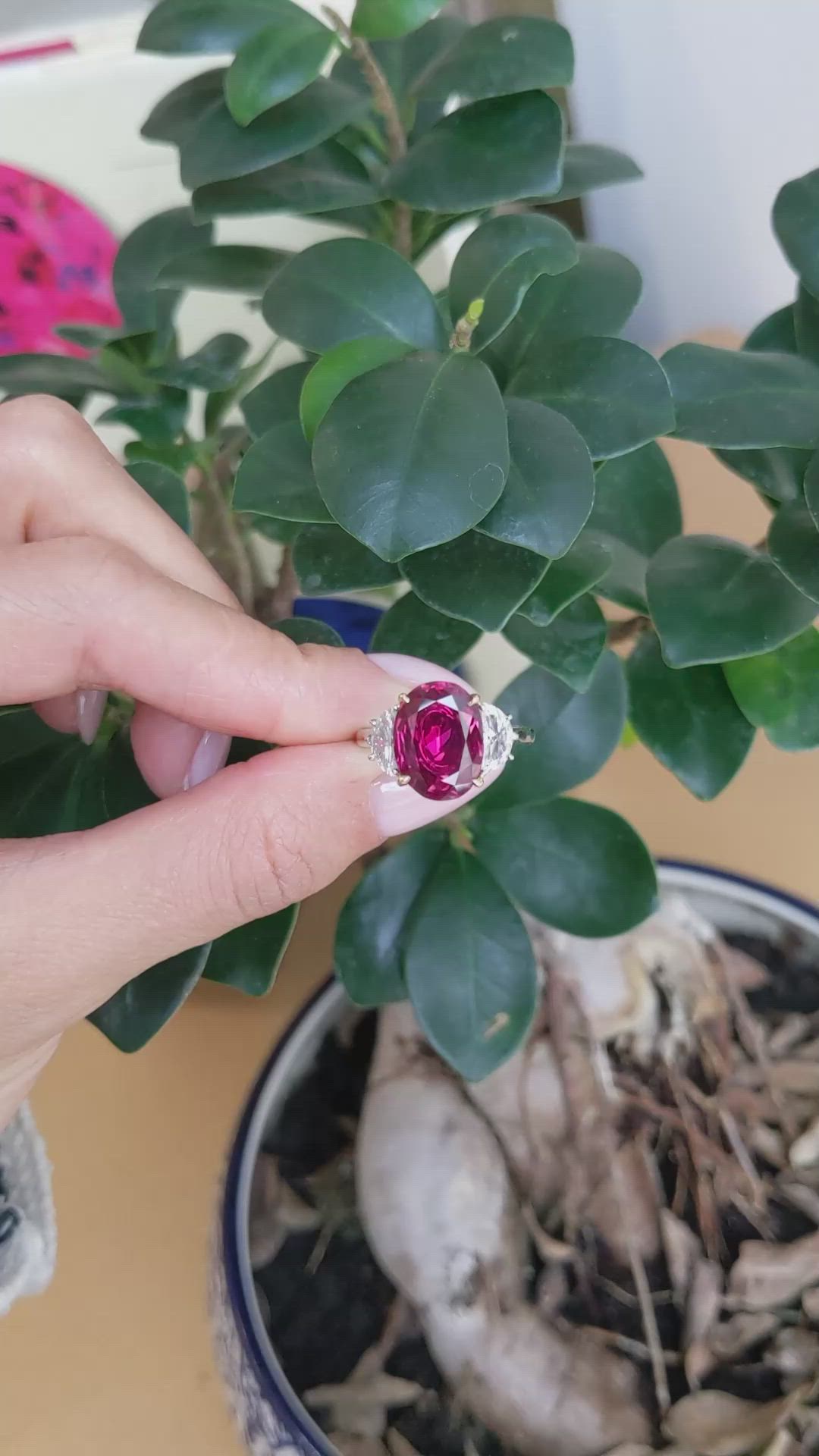 6.35 Ct. Ruby and Natural Diamond Three Stone Ring, Platinum & 18K Yellow Size Video