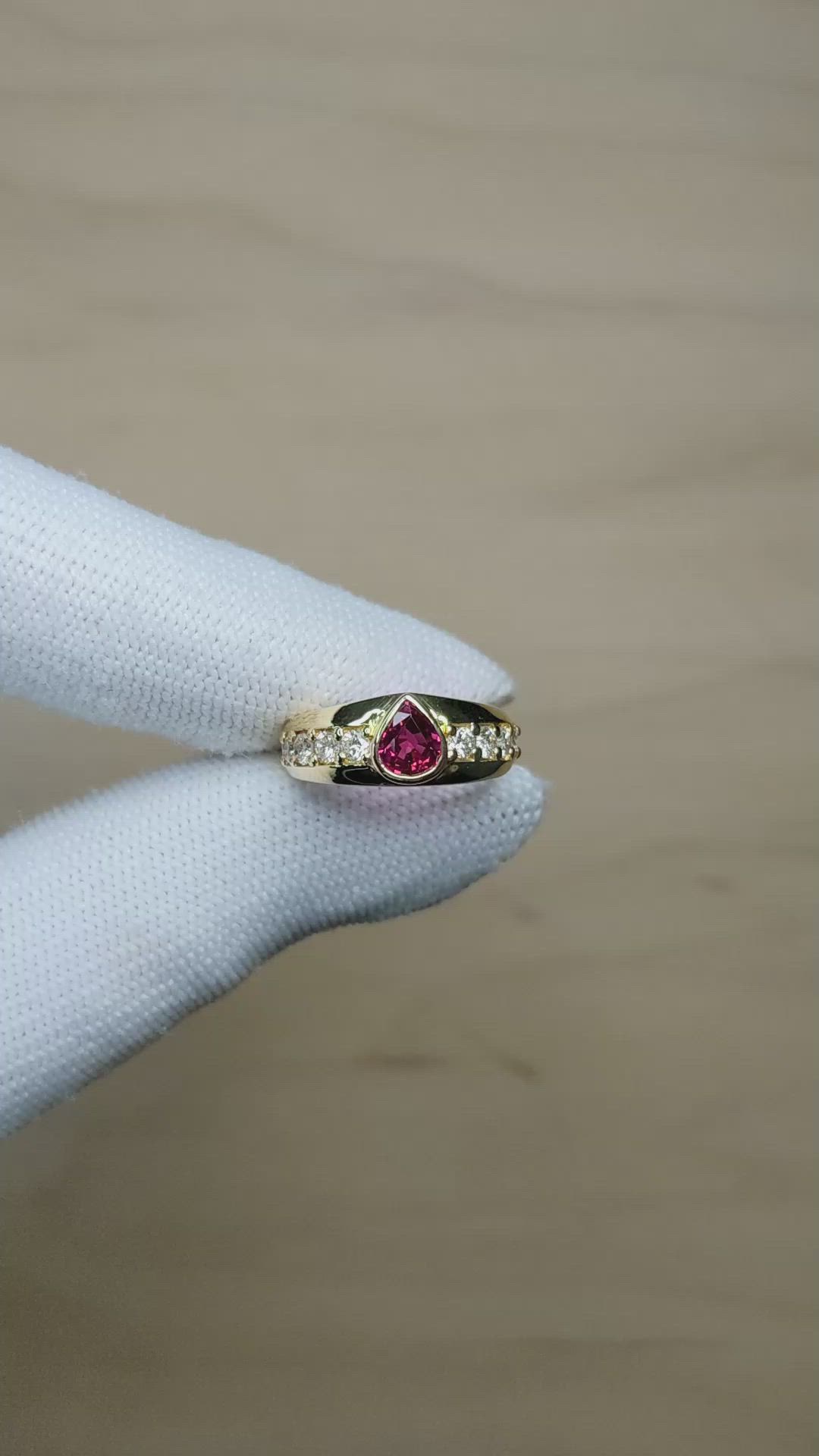 0.82 Ct. Ruby and Natural Diamond Pave Ring, 18K Yellow Gold Size Video