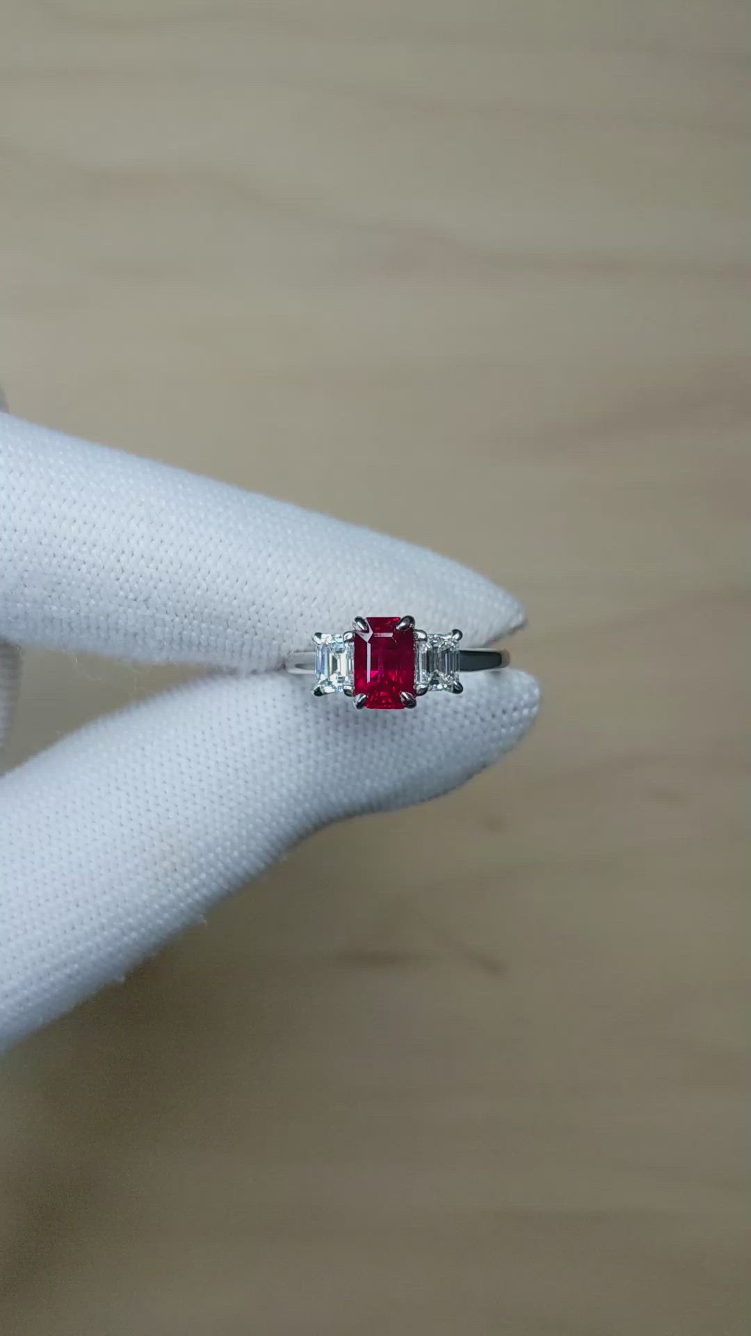 1.52 Ct. Ruby and Natural Diamond Three Stone Ring, Platinum 950 Size Video