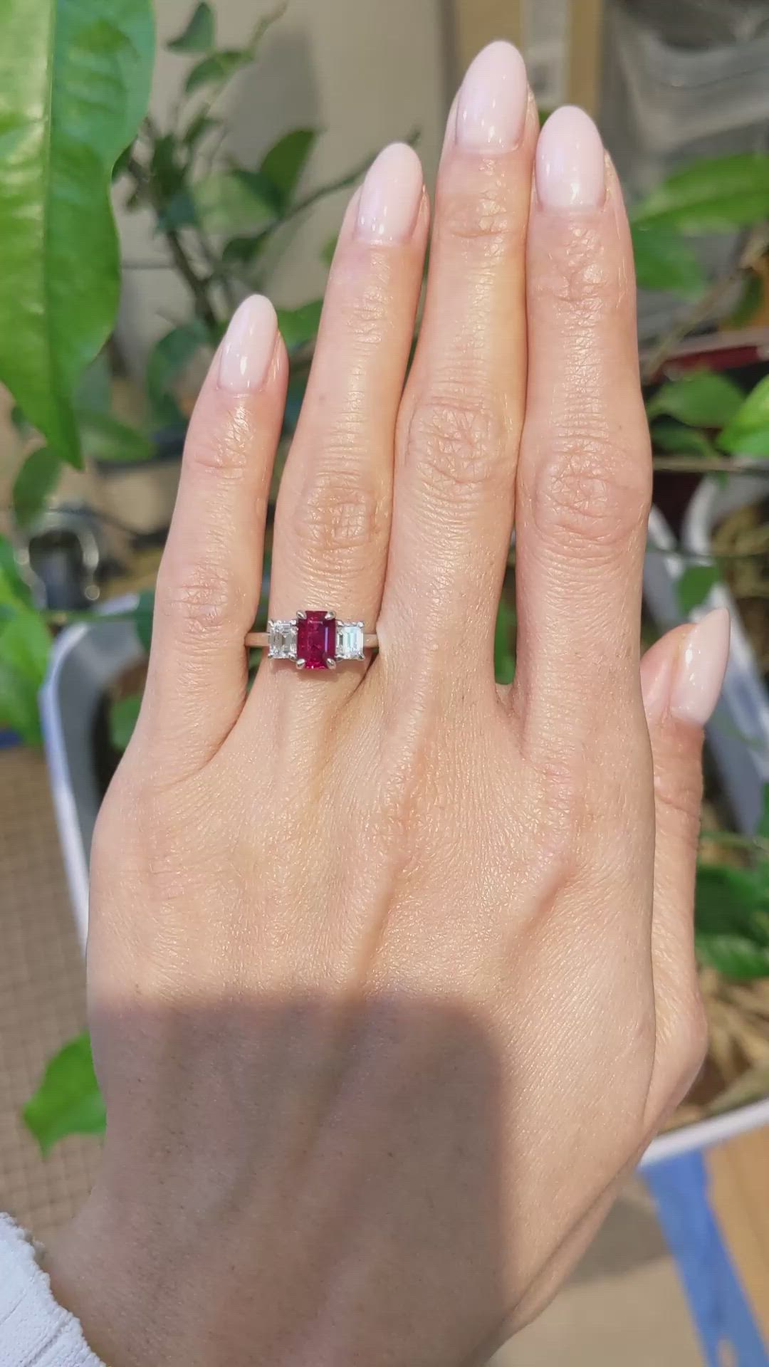 1.52 Ct. Ruby and Natural Diamond Three Stone Ring, Platinum 950 Size Video