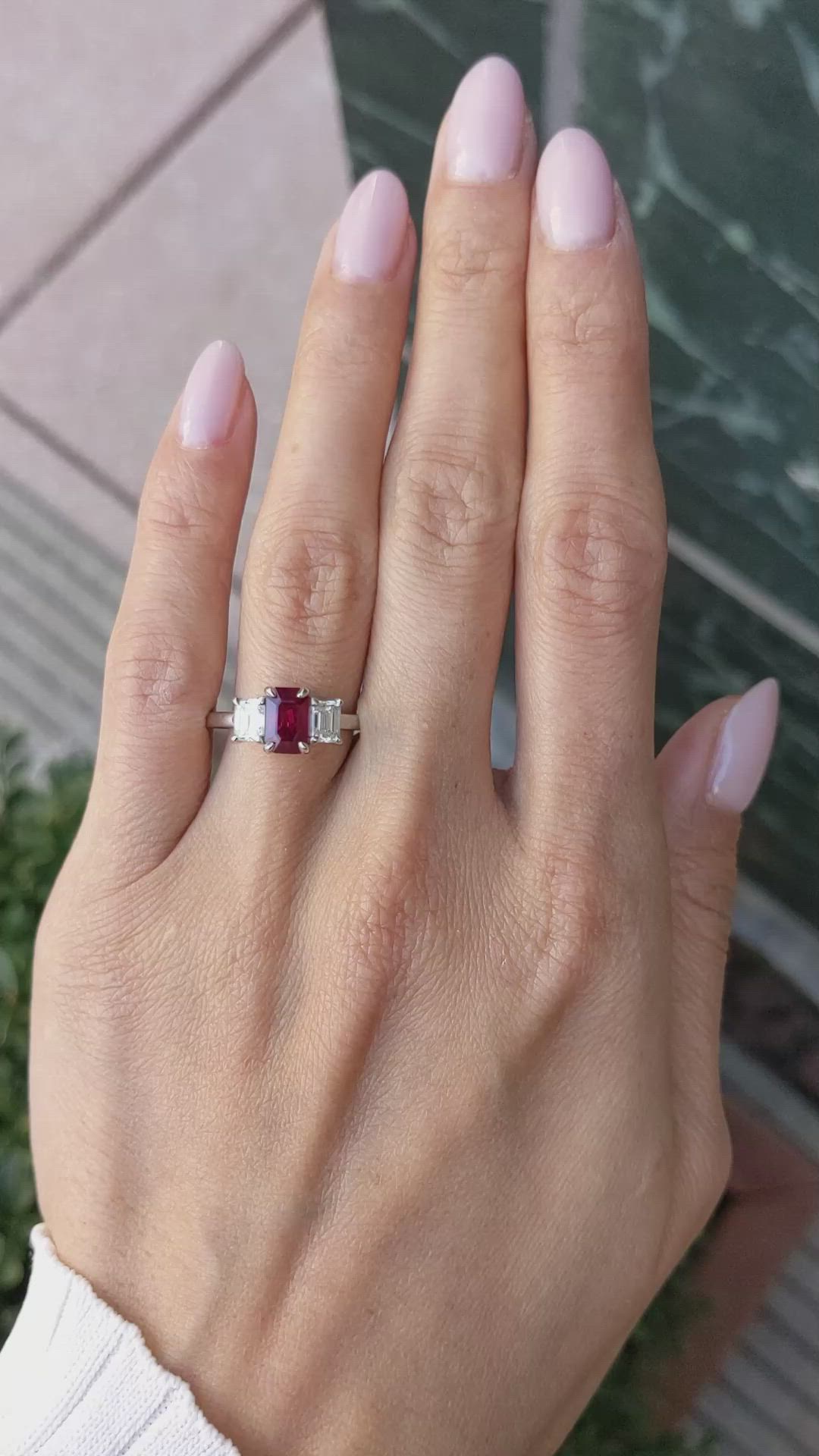 1.52 Ct. Ruby and Natural Diamond Three Stone Ring, Platinum 950 Size Video