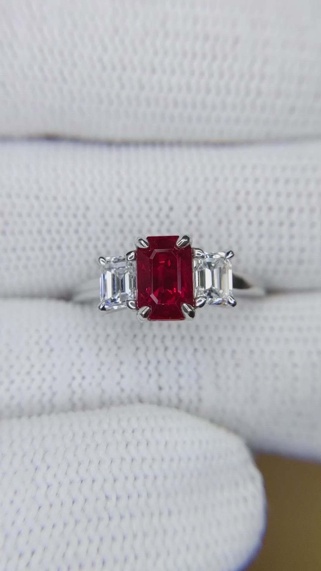 1.52 Ct. Ruby and Natural Diamond Three Stone Ring, Platinum 950 Size Video