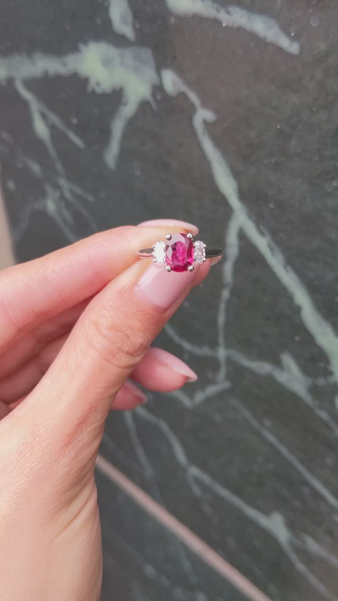 1.45 Ct. Ruby Three Stone Ring, 18K White Gold Size Video