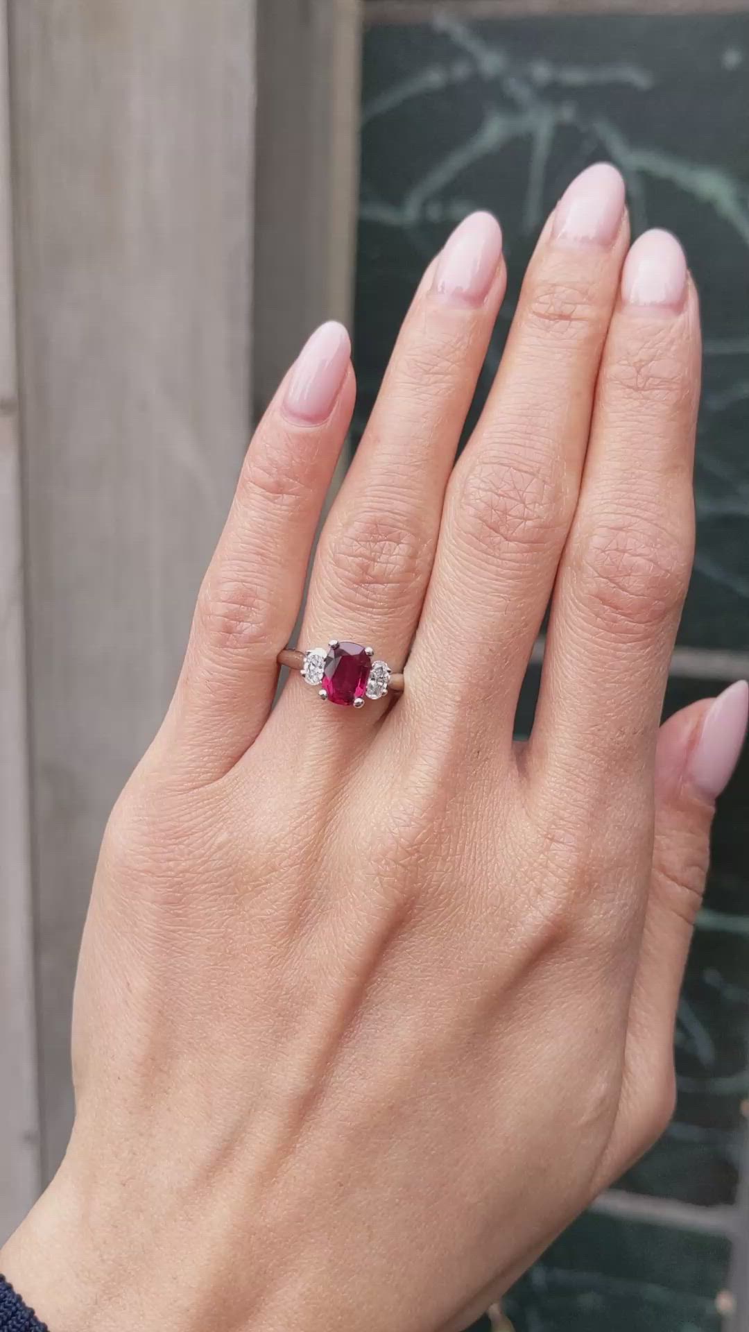 1.45 Ct. Ruby Three Stone Ring, 18K White Gold Size Video