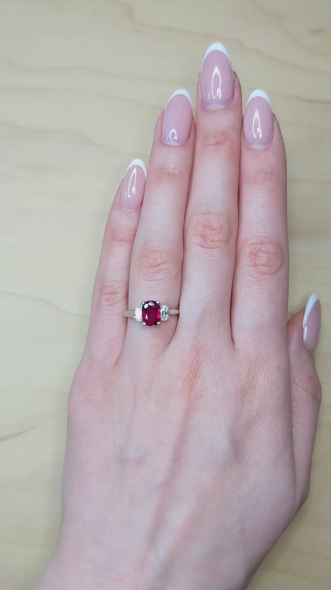1.45 Ct. Ruby Three Stone Ring, 18K White Gold Size Video