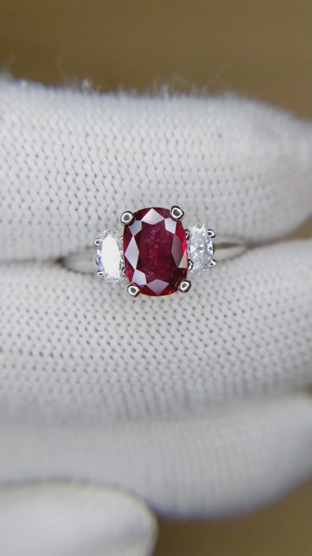 1.45 Ct. Ruby Three Stone Ring, 18K White Gold Size Video
