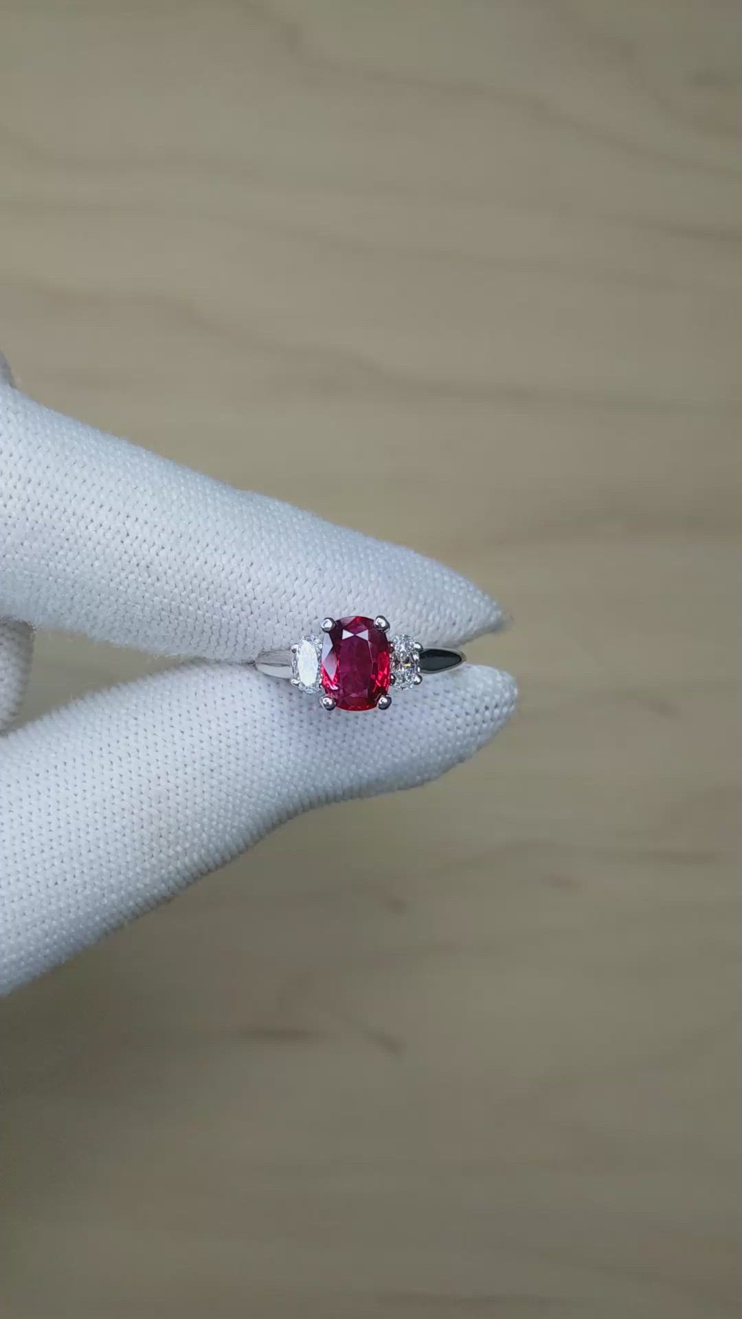 1.45 Ct. Ruby Three Stone Ring, 18K White Gold Size Video