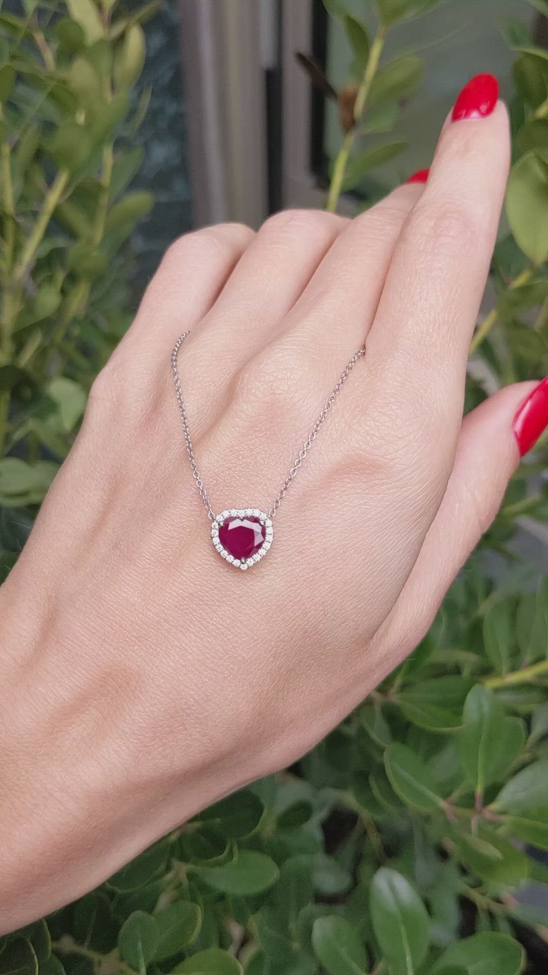 1.62 Ct. Ruby and Natural Diamond Halo Necklace, 18K White Gold Size Video