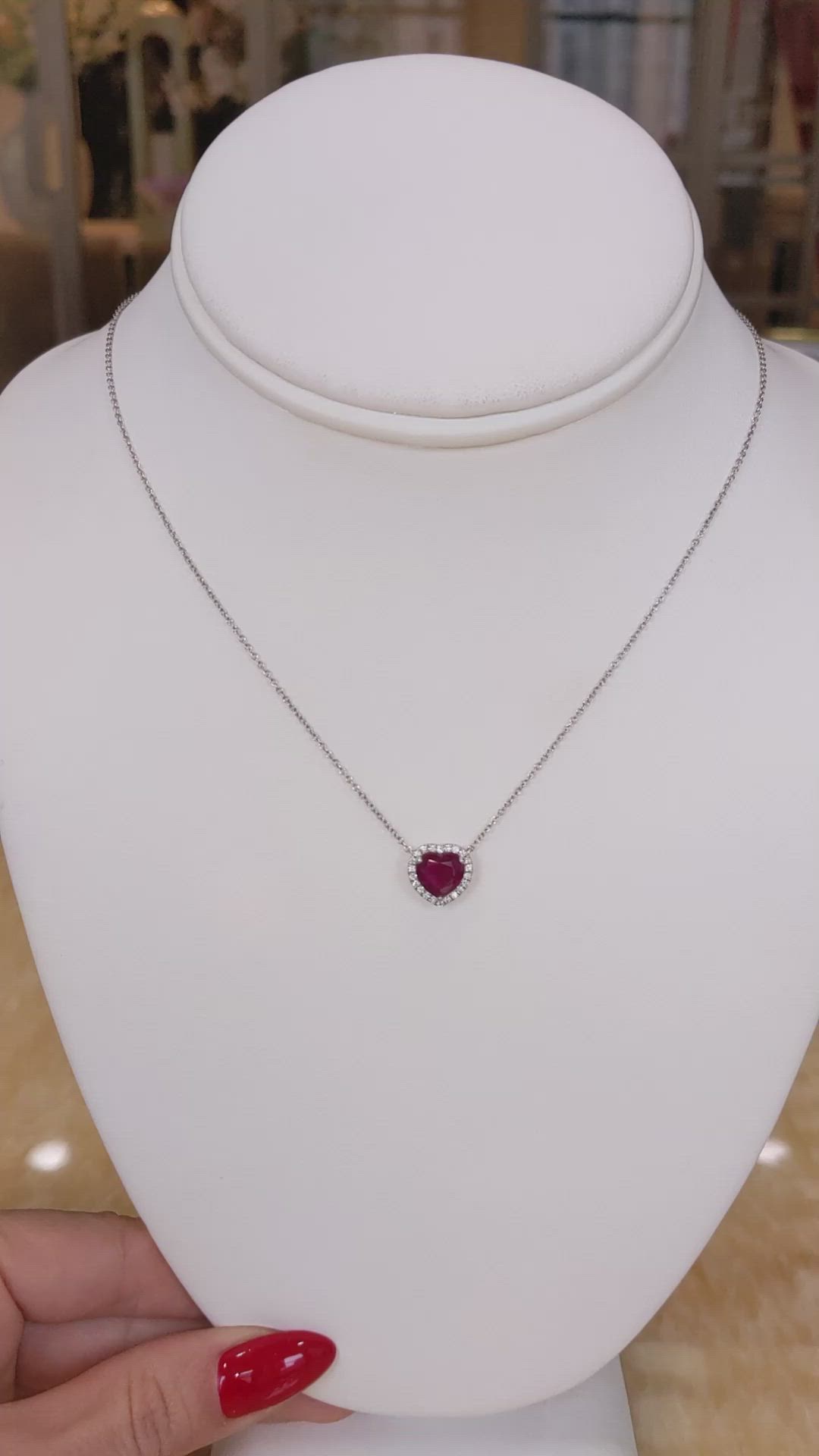 1.62 Ct. Ruby and Natural Diamond Halo Necklace, 18K White Gold Size Video