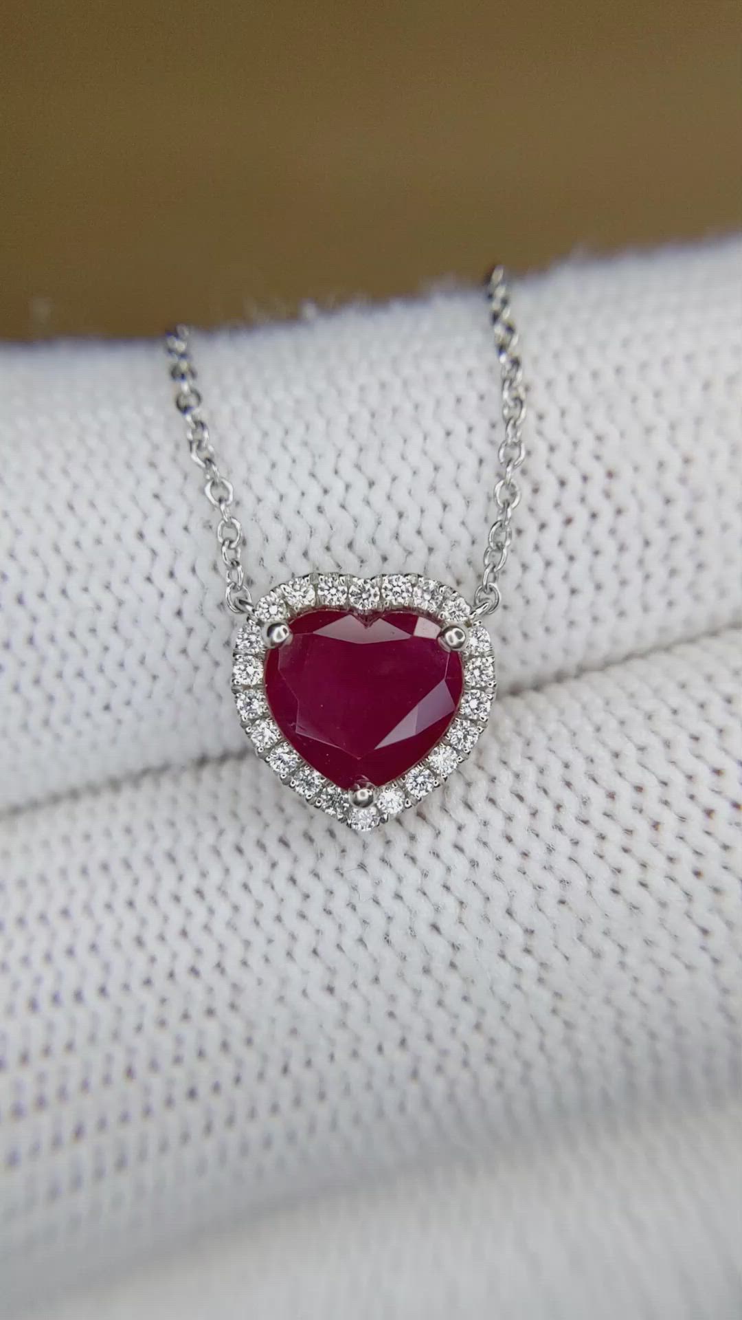 1.62 Ct. Ruby and Natural Diamond Halo Necklace, 18K White Gold Size Video