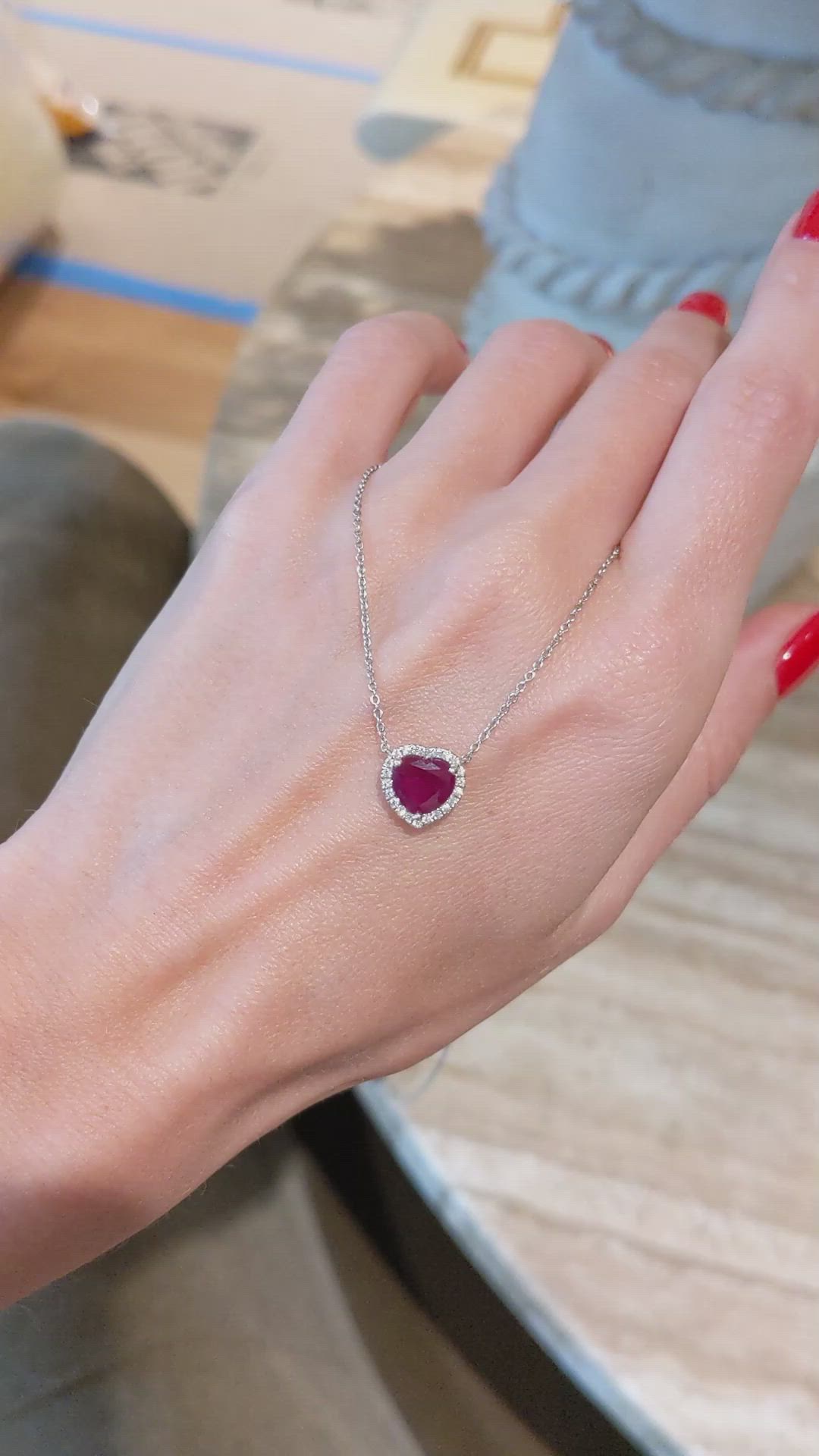 1.62 Ct. Ruby and Natural Diamond Halo Necklace, 18K White Gold Size Video