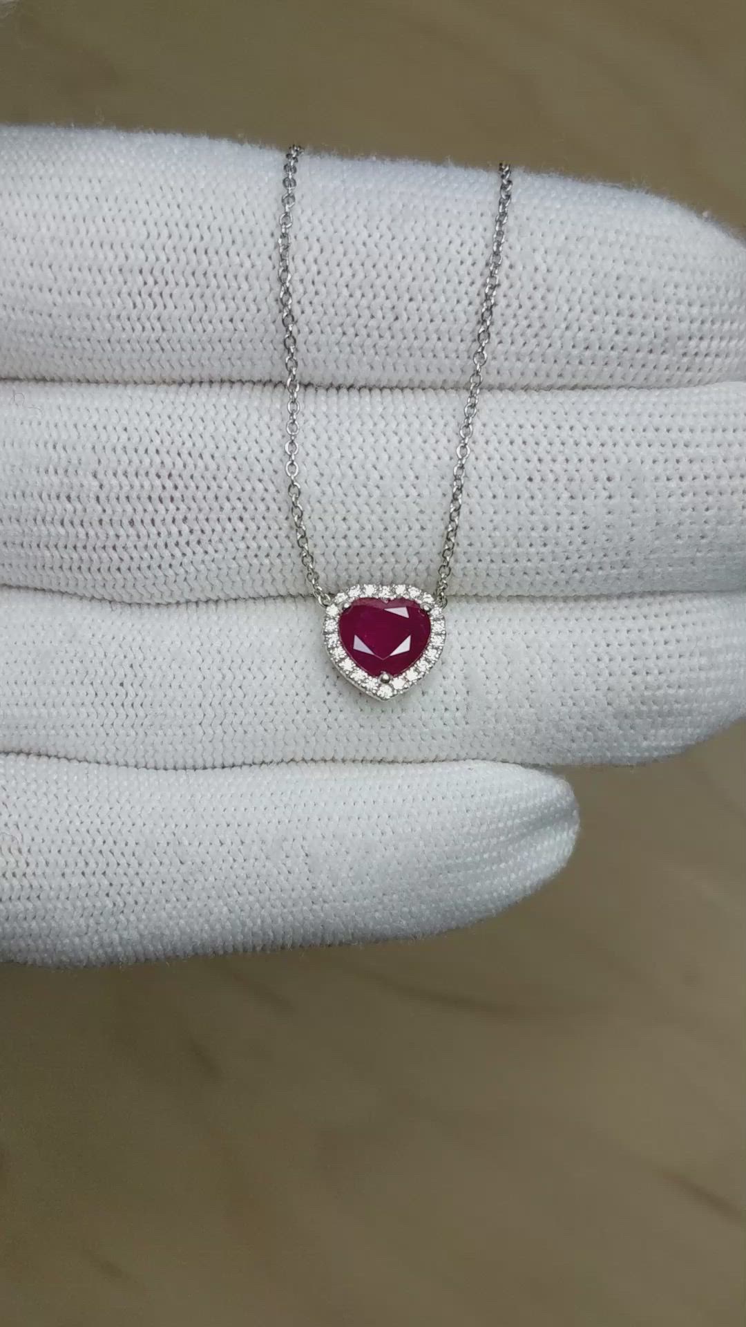 1.62 Ct. Ruby and Natural Diamond Halo Necklace, 18K White Gold Size Video
