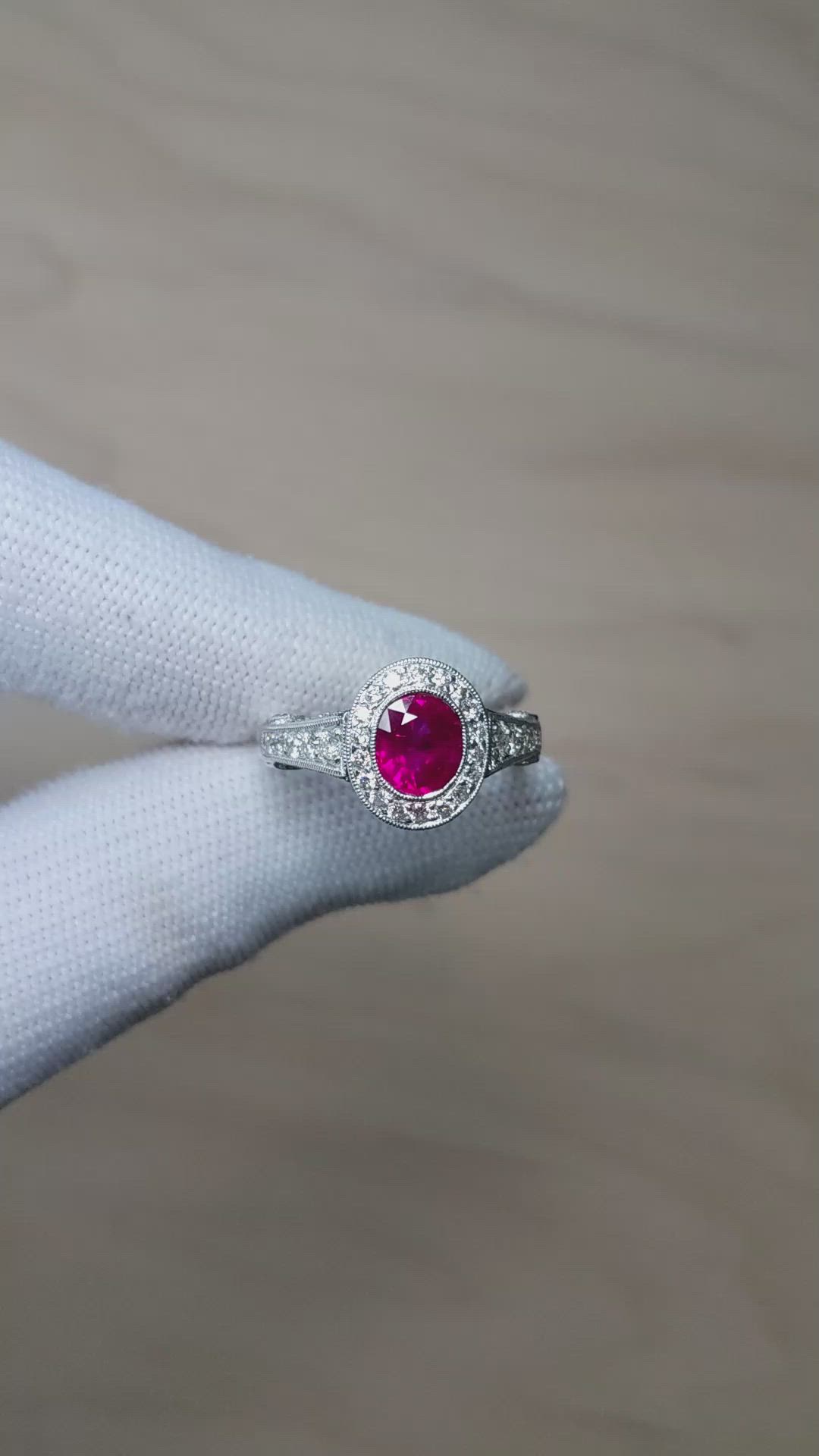 1.72 Ct. Ruby and Natural Diamond Pave Ring, 18K White Gold Size Video