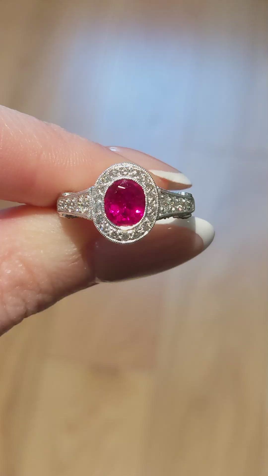 1.72 Ct. Ruby and Natural Diamond Pave Ring, 18K White Gold Size Video