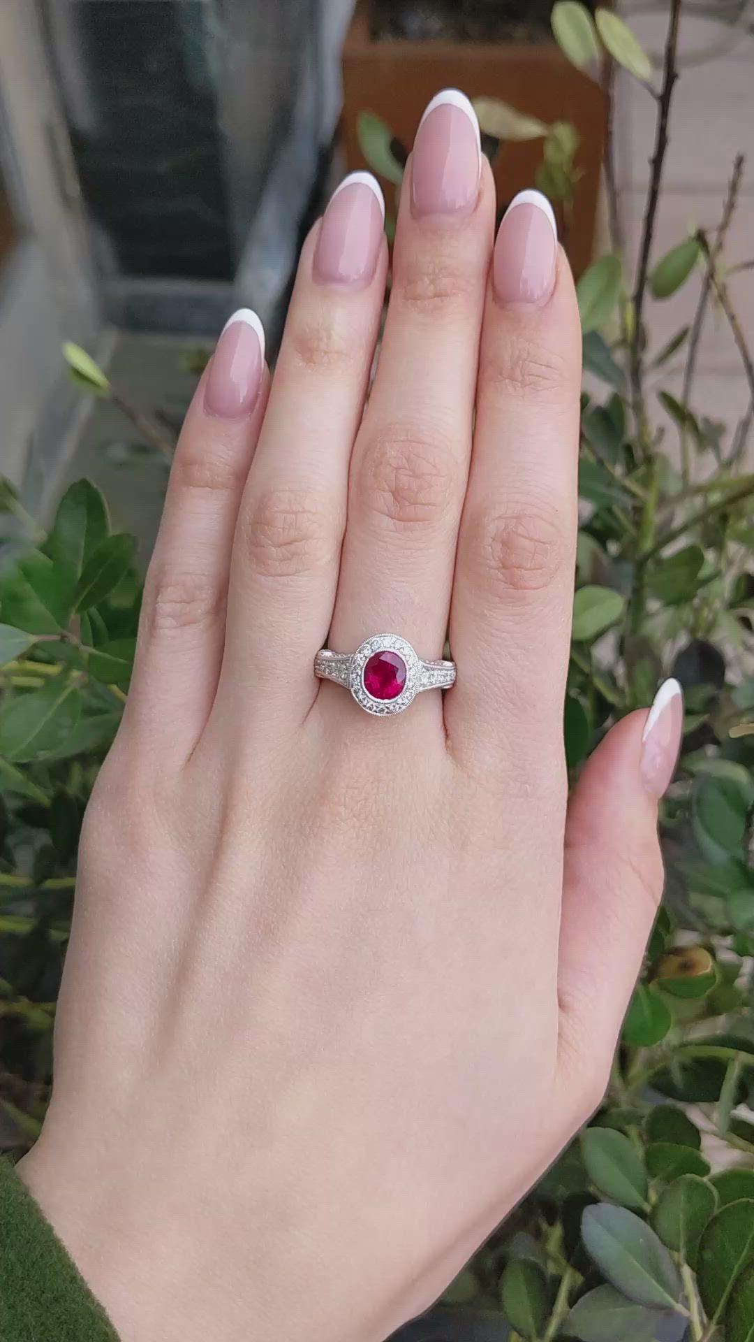 1.72 Ct. Ruby and Natural Diamond Pave Ring, 18K White Gold Size Video