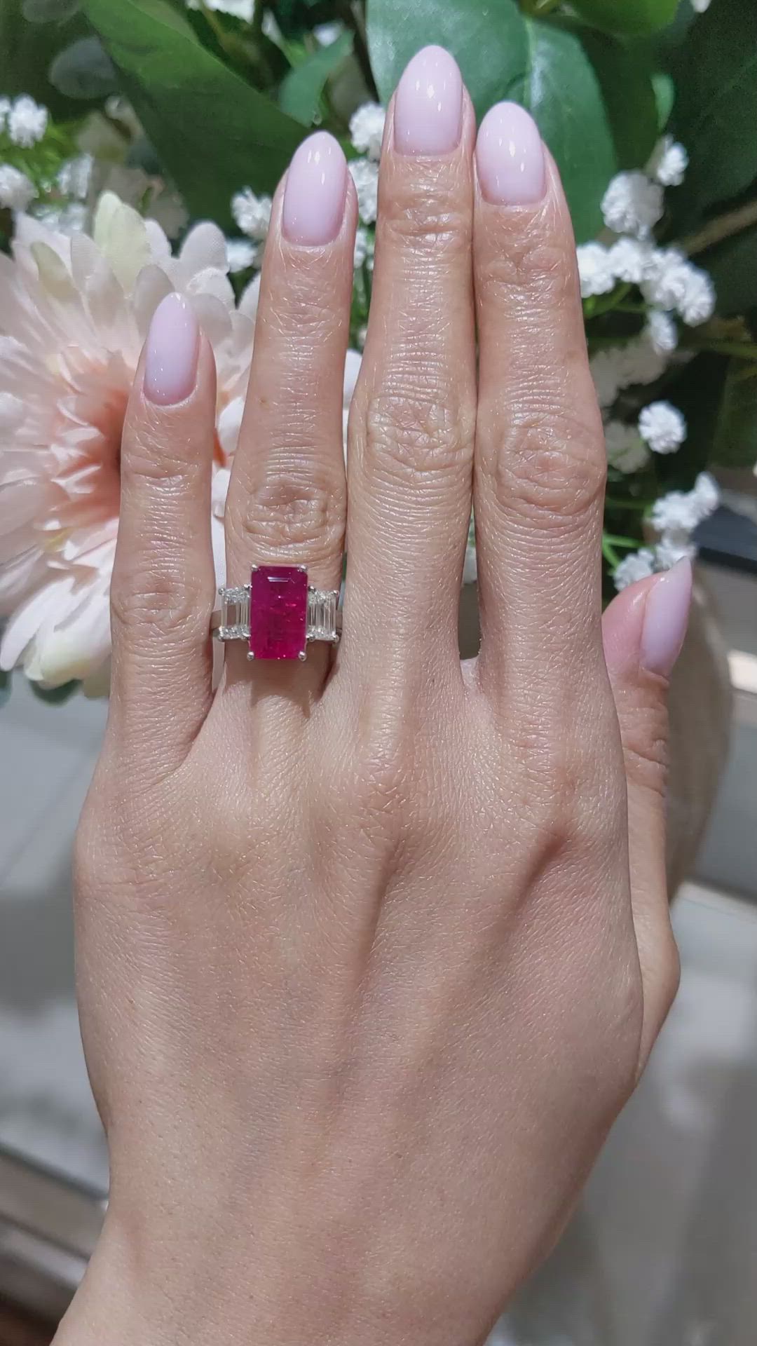 4.50 Ct. Ruby and Natural Diamond Three Stone Ring, Platinum 950 Size Video