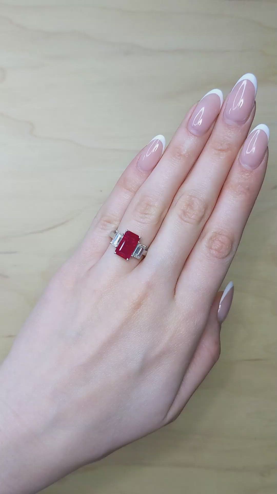 4.50 Ct. Ruby and Natural Diamond Three Stone Ring, Platinum 950 Size Video