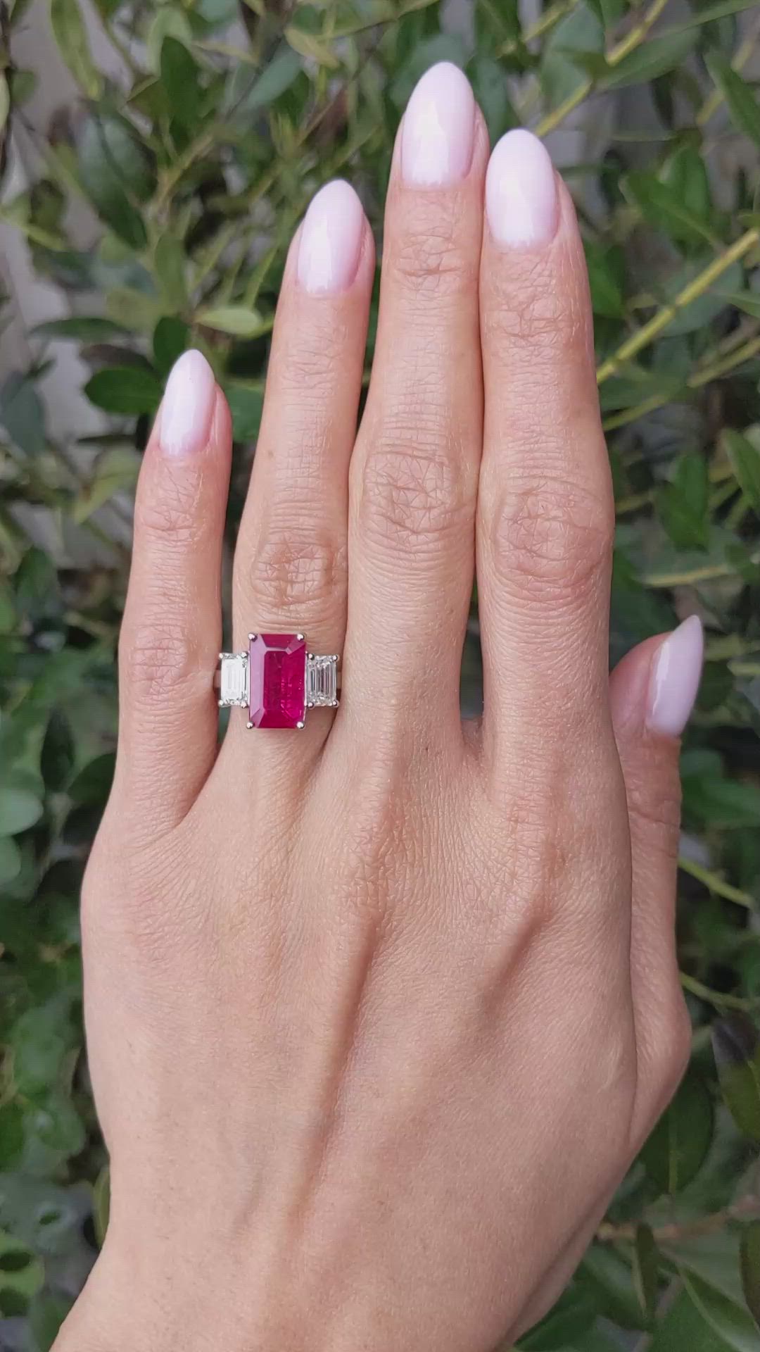 4.50 Ct. Ruby and Natural Diamond Three Stone Ring, Platinum 950 Size Video