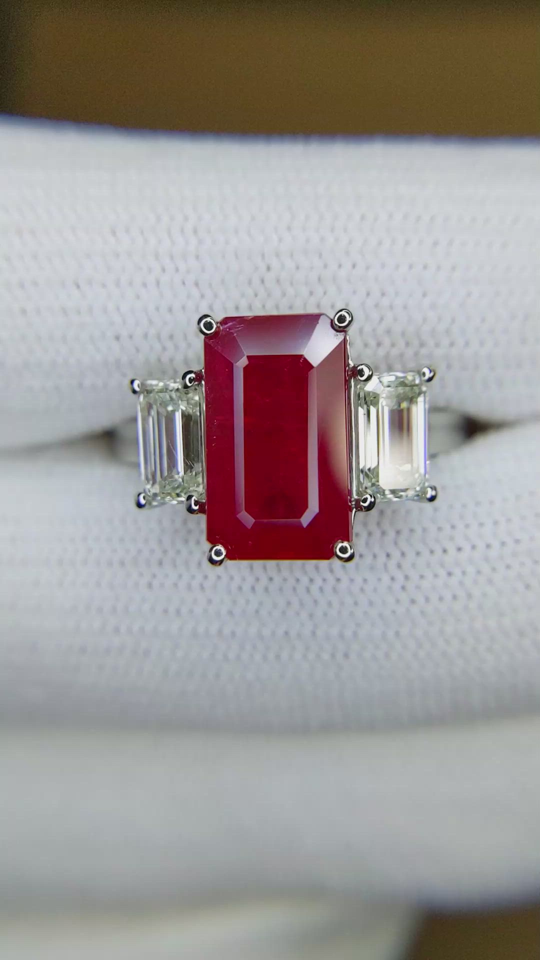 4.50 Ct. Ruby and Natural Diamond Three Stone Ring, Platinum 950 Size Video