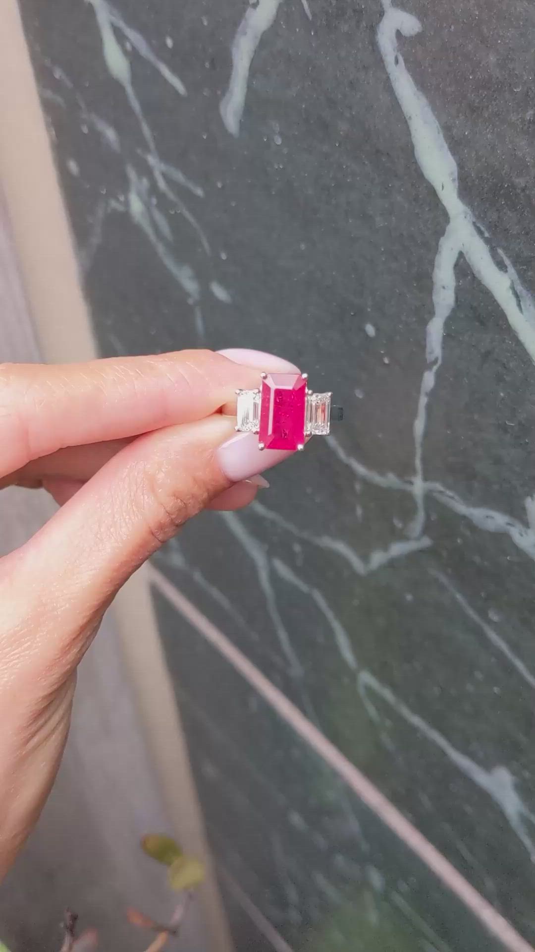 4.50 Ct. Ruby and Natural Diamond Three Stone Ring, Platinum 950 Size Video