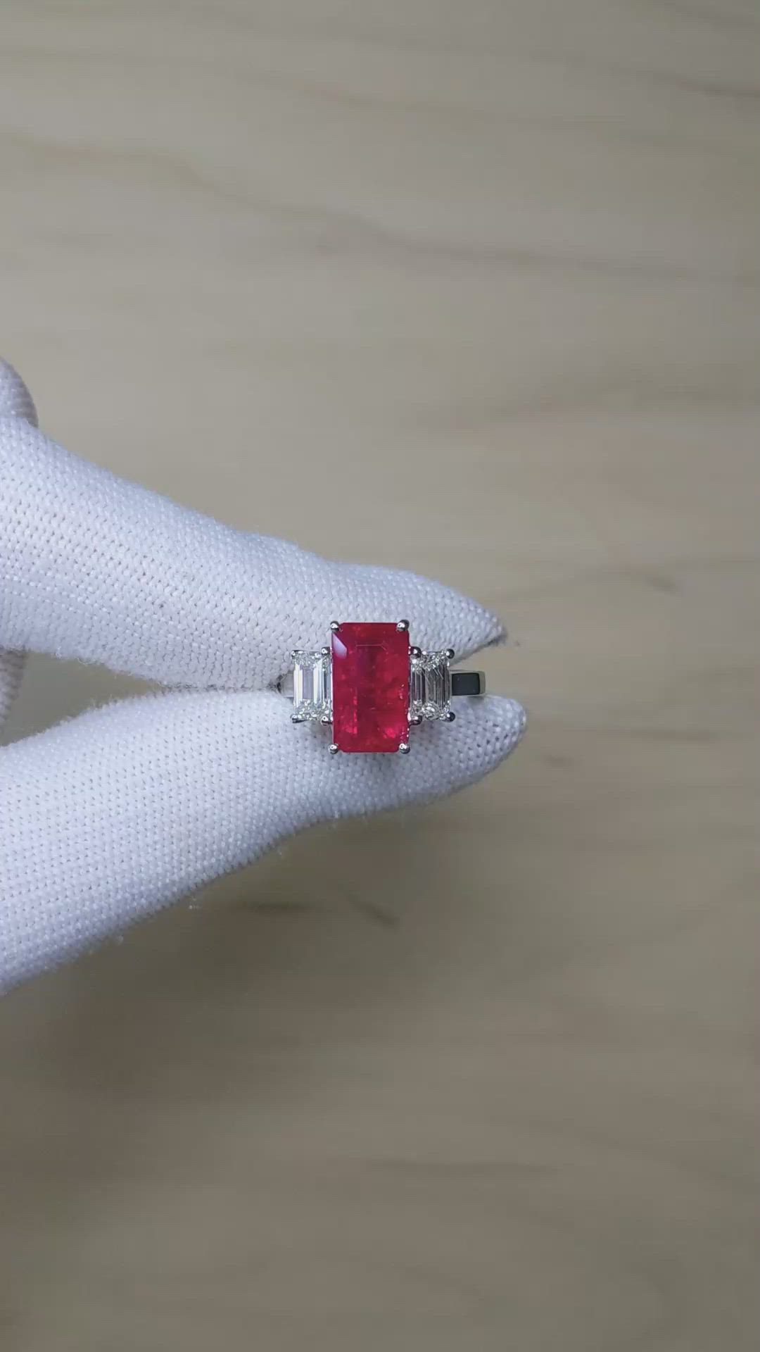 4.50 Ct. Ruby and Natural Diamond Three Stone Ring, Platinum 950 Size Video