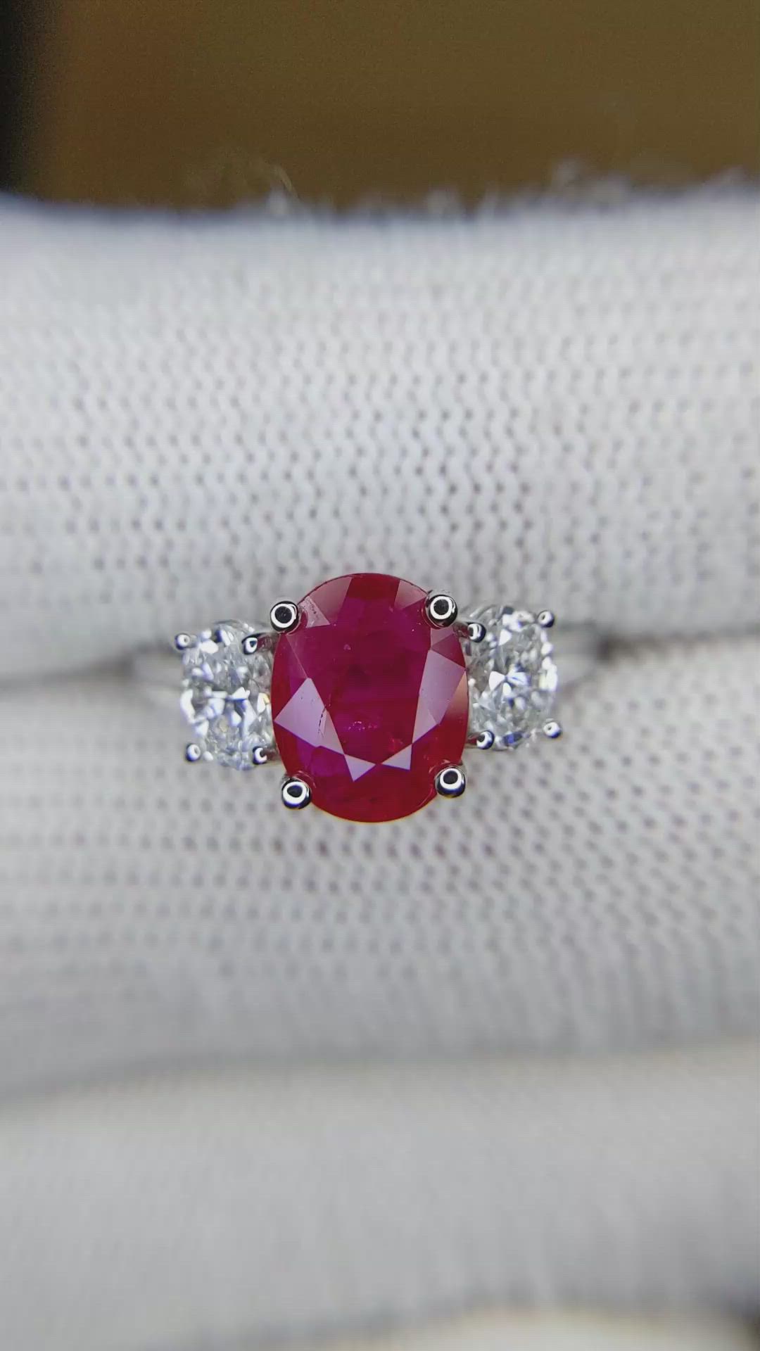 1.92 Ct. Ruby and Natural Diamond Three Stone Ring, 18K White Gold Size Video
