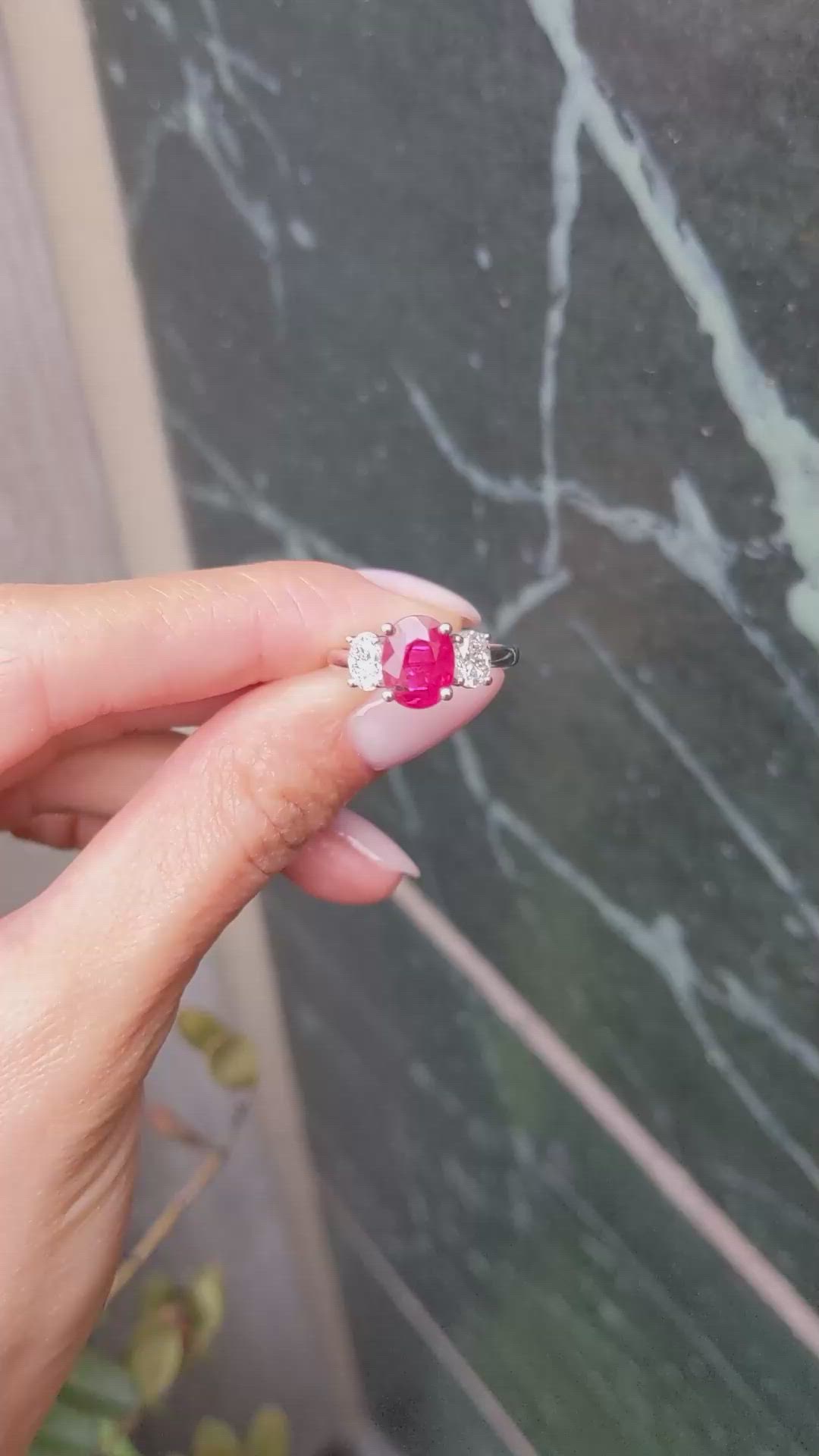 1.92 Ct. Ruby and Natural Diamond Three Stone Ring, 18K White Gold Size Video