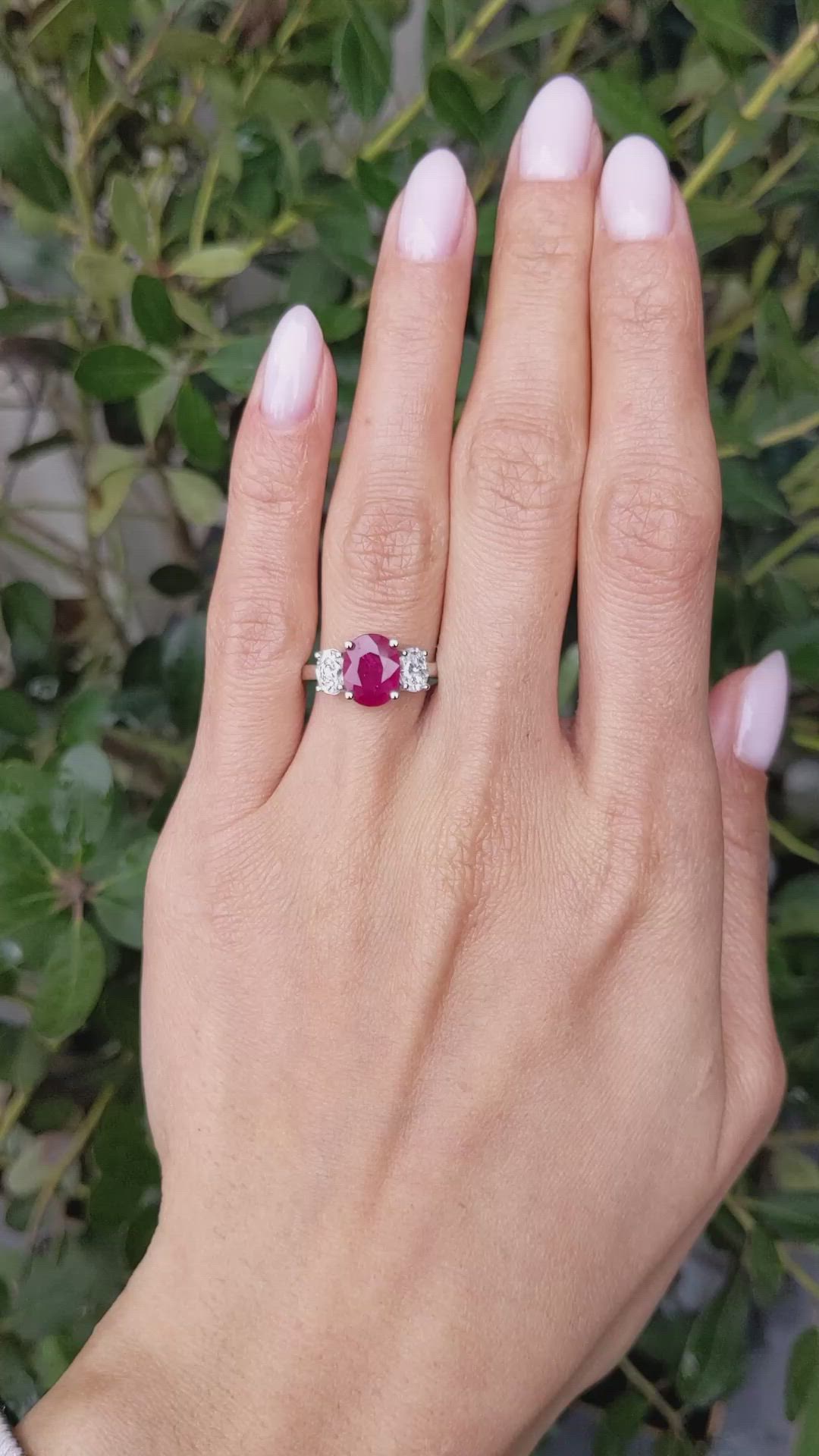 1.92 Ct. Ruby and Natural Diamond Three Stone Ring, 18K White Gold Size Video