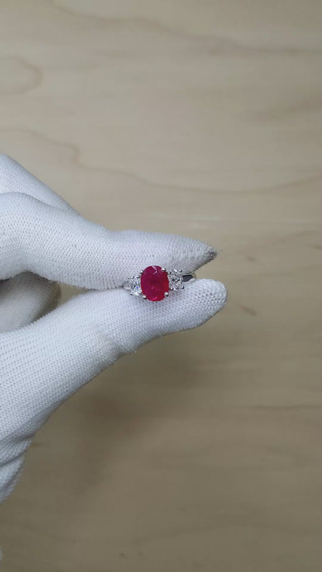 1.92 Ct. Ruby and Natural Diamond Three Stone Ring, 18K White Gold Size Video
