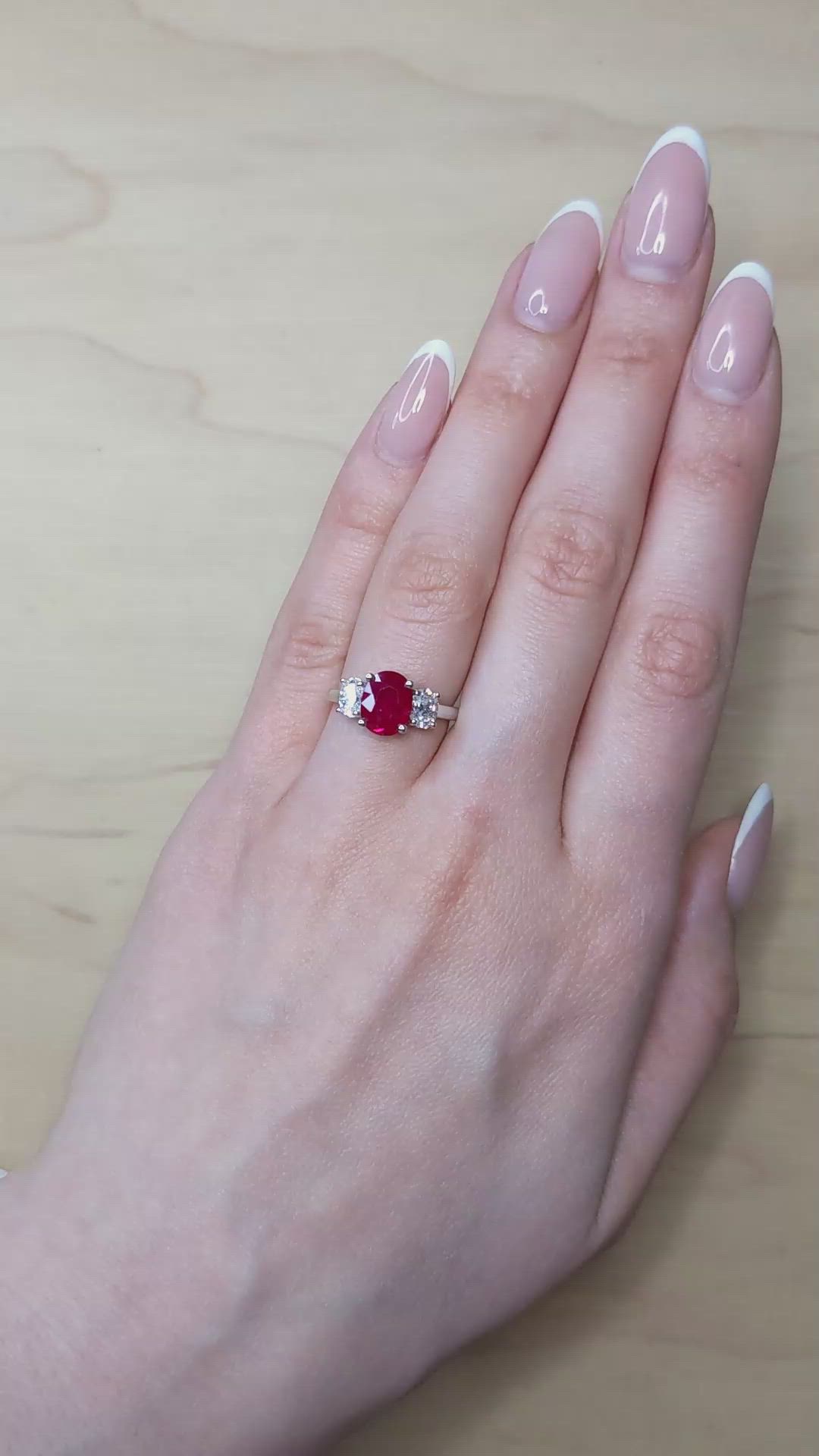 1.92 Ct. Ruby and Natural Diamond Three Stone Ring, 18K White Gold Size Video