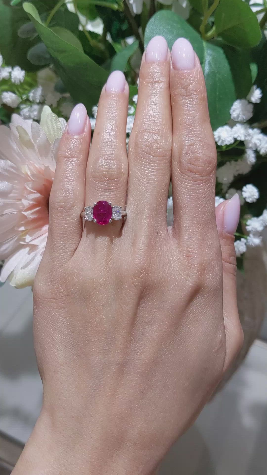 1.92 Ct. Ruby and Natural Diamond Three Stone Ring, 18K White Gold Size Video