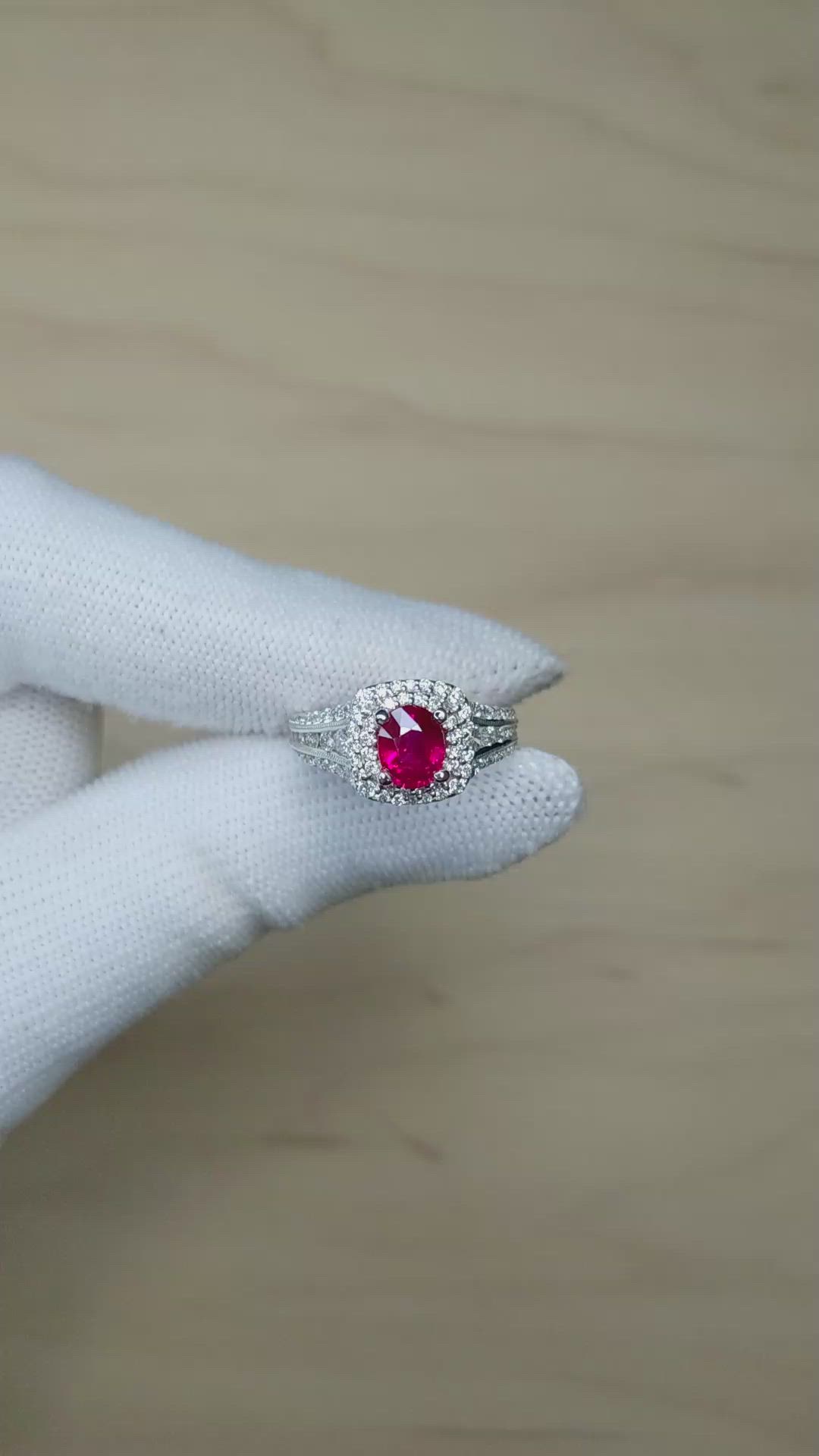 1.35 Ct. Ruby and Natural Diamond Pave Ring, 14K White Gold Size Video