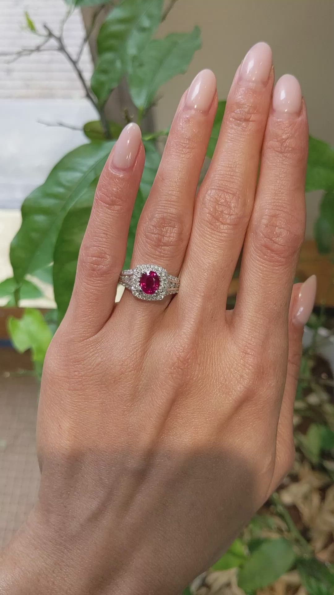 1.35 Ct. Ruby and Natural Diamond Pave Ring, 14K White Gold Size Video