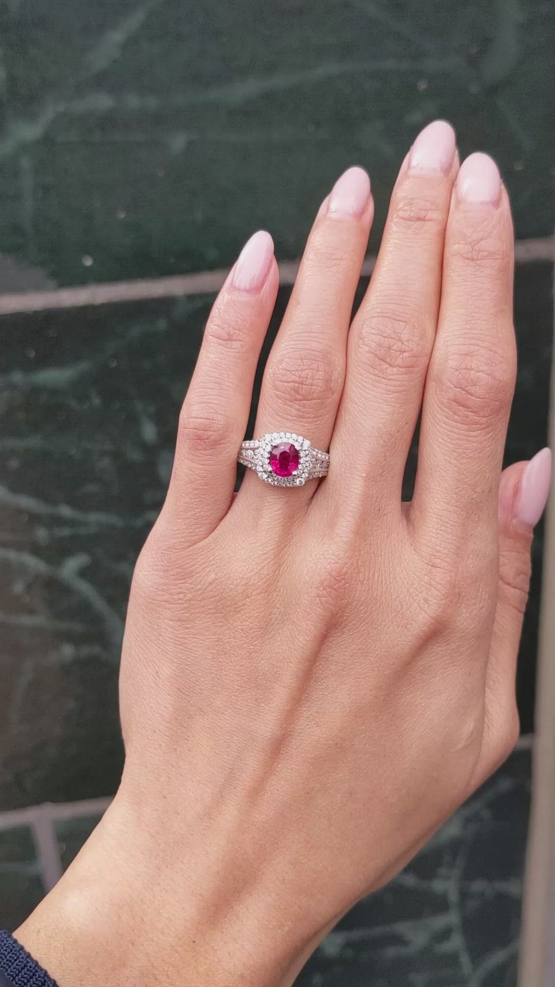 1.35 Ct. Ruby and Natural Diamond Pave Ring, 14K White Gold Size Video