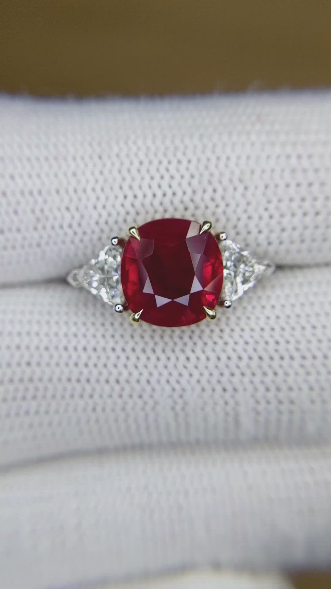 5.05 Ct. Ruby and Natural Diamond Three Stone Ring, 18K White & Yellow Size Video