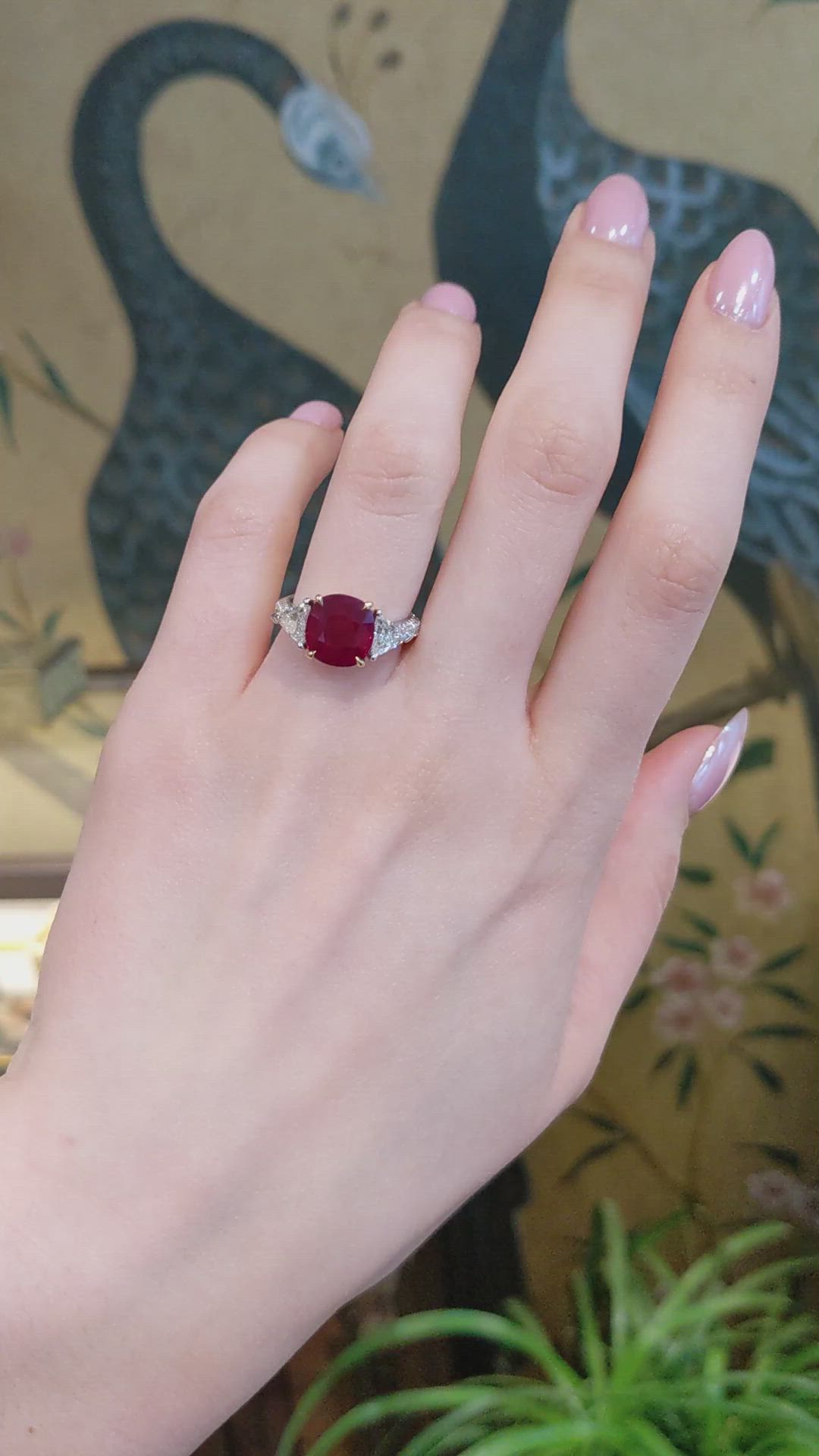 5.05 Ct. Ruby and Natural Diamond Three Stone Ring, 18K White & Yellow Size Video