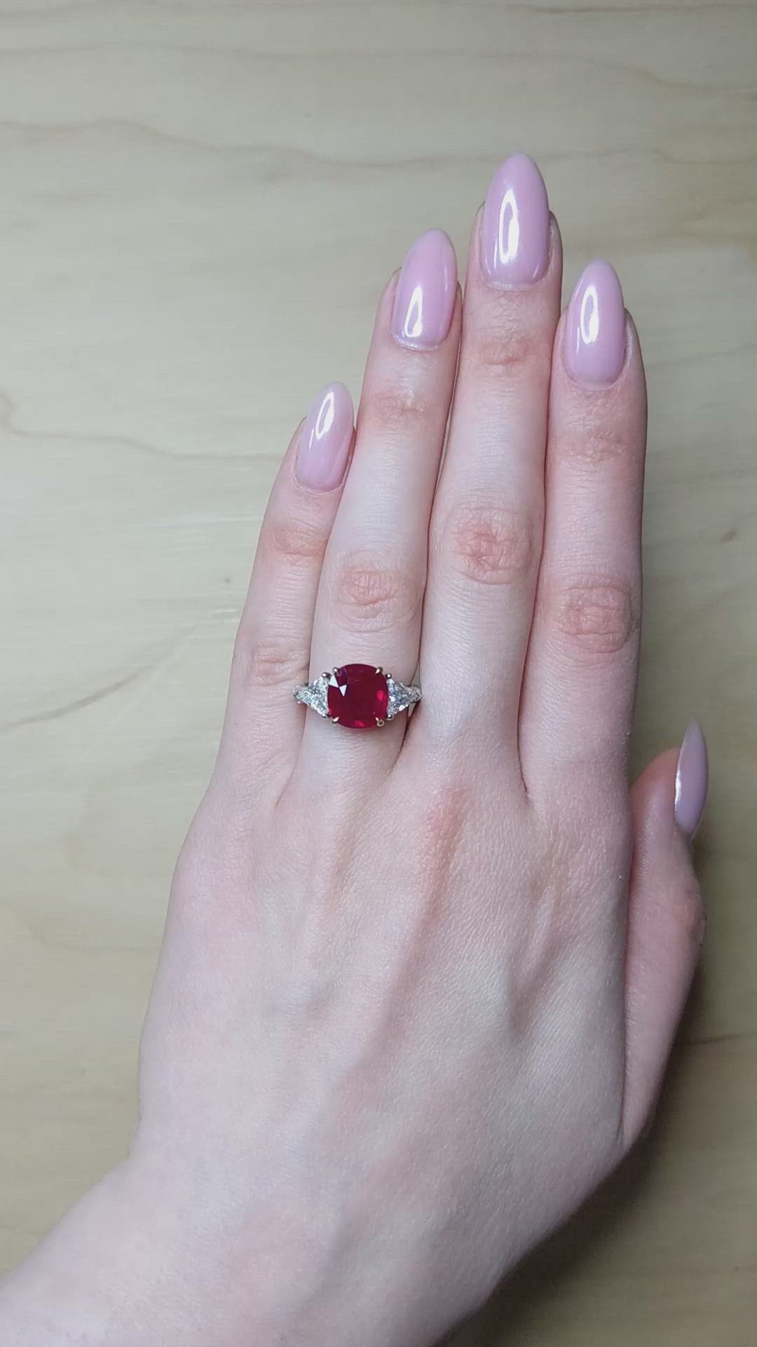 5.05 Ct. Ruby and Natural Diamond Three Stone Ring, 18K White & Yellow Size Video