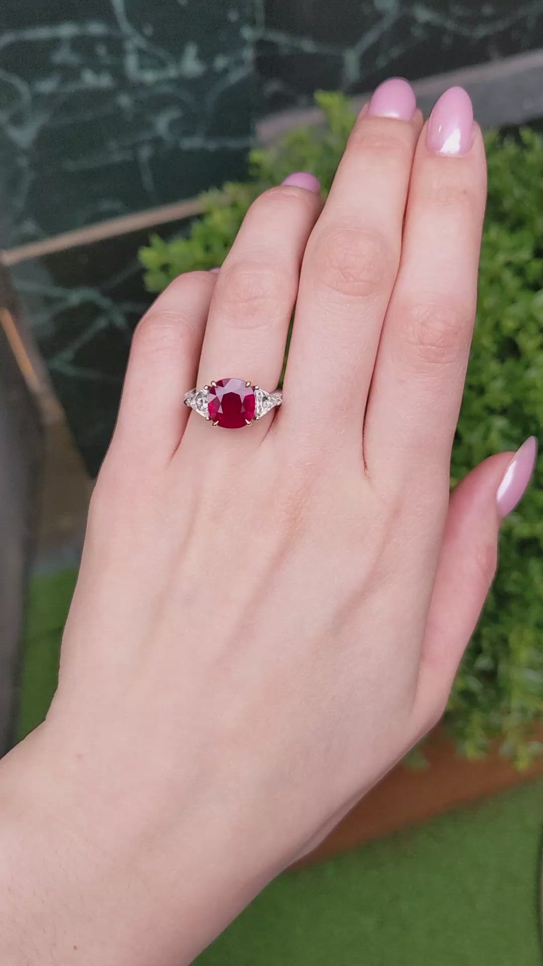 5.05 Ct. Ruby and Natural Diamond Three Stone Ring, 18K White & Yellow Size Video